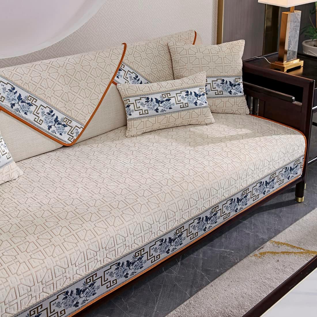 vctops Vintage Geometric Jacquard Sofa Cover Chenille Soft Sectional Couch Cover Floral Pattern Non-Slip Sofa Slipcover Furniture Protector for Living Room (Cream,28"x59")