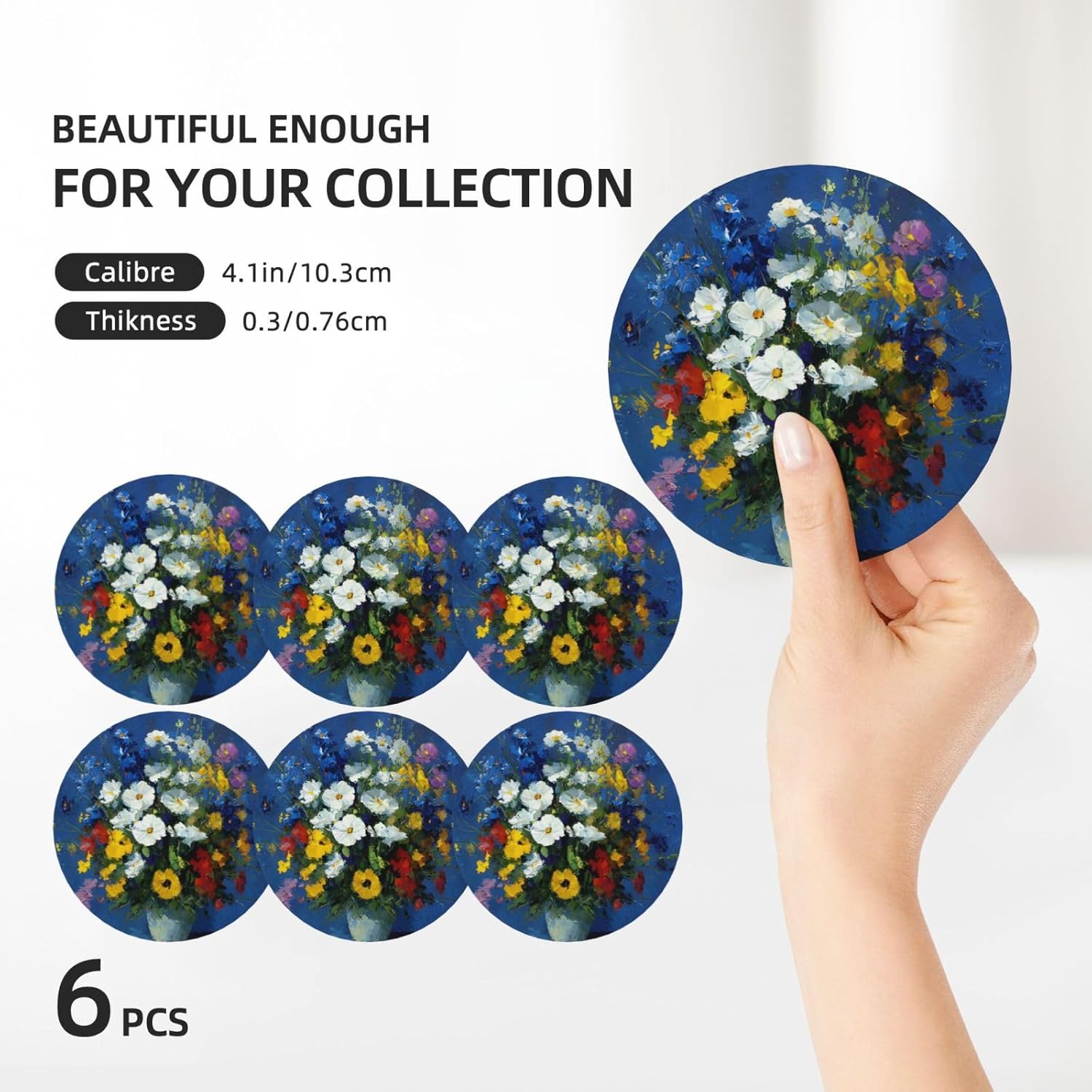 (Bouquet) Ceramic Coasters Set of 6 with Holder Non-Slip Round Coffee Coasters for for Cup Mug Drink Patio Coffee Table Decor, Christmas Coasters Home Bar Supplies
