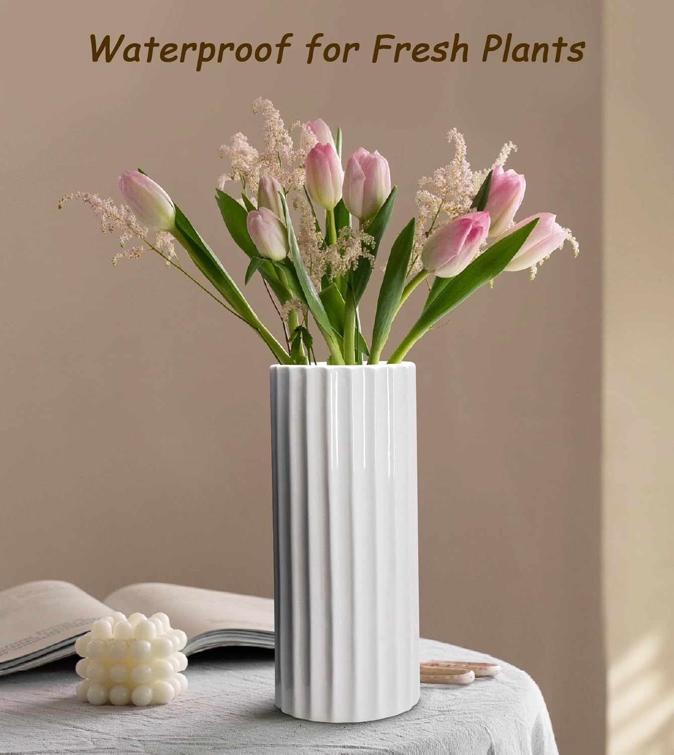 GeLive Glazed White Ceramic Vase Ribbed Straight Cylinder Minimalist Waterproof Flower Vase, Home Decor Centerpiece for Fresh Bud Artificial Dried Flowers 9 Inch Height - Image 6