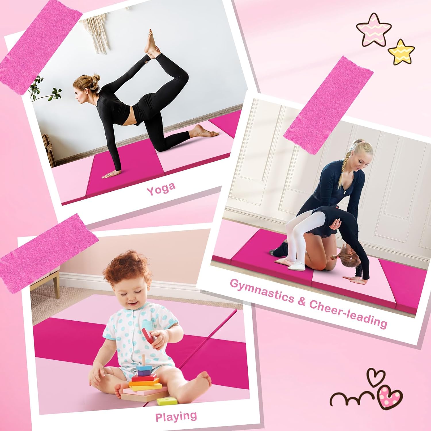 Collage of people using the Giantex Gymnastics Mat for various activities including yoga, gymnastics, and children playing.
