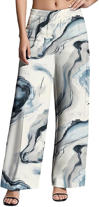 Women High Waist Wide Leg Pants Marble Print Palazzo Trousers Relaxed Fit for Spring Summer Casual Outings