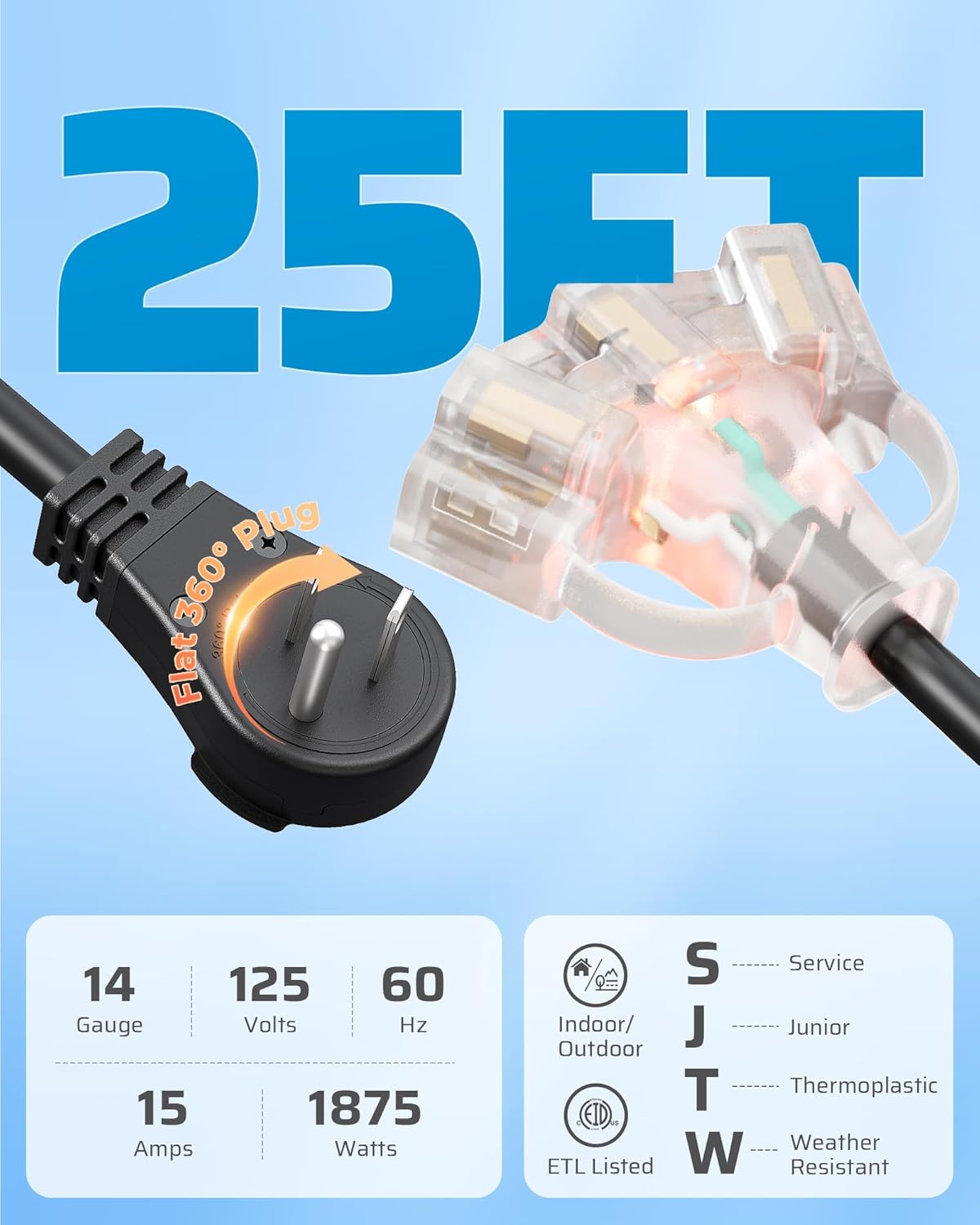 DEWENWILS 360° Rotating Flat Plug Outdoor Extension Cord 25FT, 14/3 SJTW Heavy Duty Power Cable for Indoor/Outdoor, 3 Prong Lighted Triple Outlet with Hook, 125V/15A/1875W, Black, ETL Listed