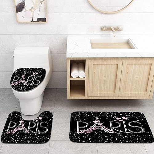 Miniatura 4 de Bribay Juego de cortinas de ducha de 4 piezas, diseño de mariposa rosa francesa, impermeable, accesorios de baño con alfombras antideslizantes,