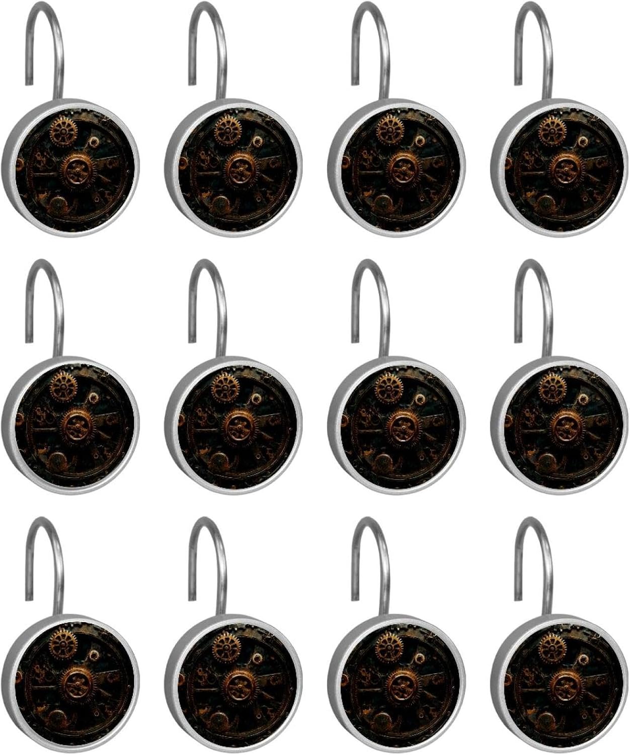 Steampunk Gears Background Shower Curtain Hooks, Rustproof Shower Curtain Rings for Bathroom, Stainless Steel Shower Hooks for Shower Curtain Rod, Decorative Shower Curtain Hangers Set of 12