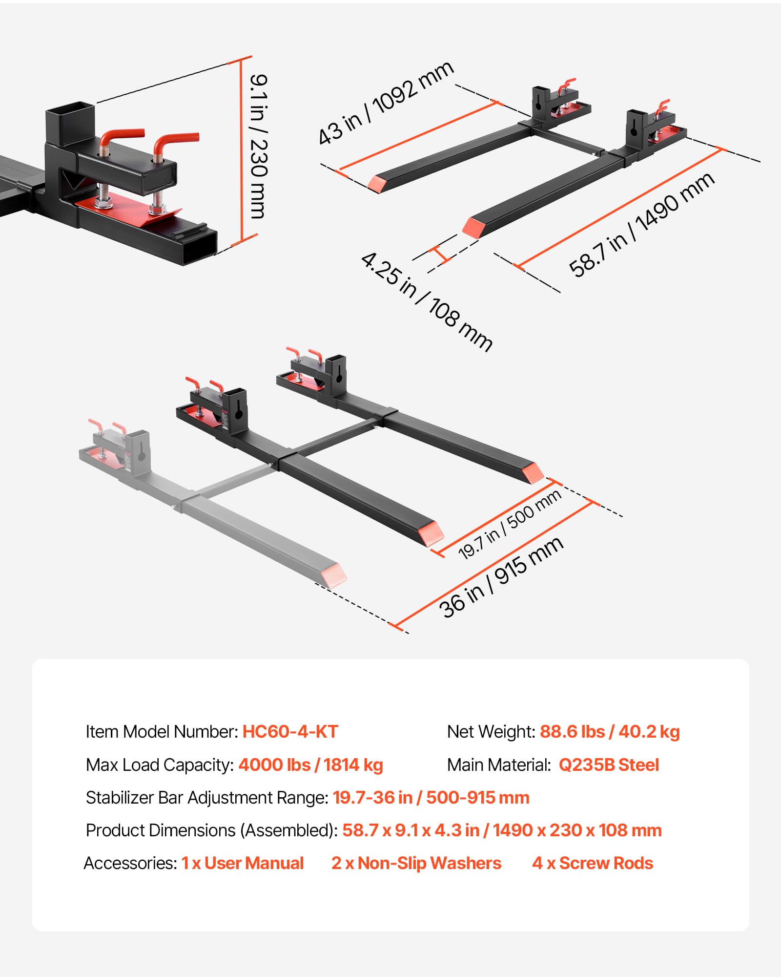 VEVOR Palettengabeln, 1814 kg Gabelträger zum Anklemmen, 1490 mm Gesamtlänge, Gabelzinken mit verstellbarer Stabilisatorstange für Traktoranbaugeräte, Ladeschaufel & Kompaktlader, Schwarz