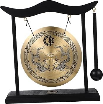 Desktop Hanging Gong with Mallet, Feng Shui Brass Gong Desktop Gong with Stand, Mini Table Gong with Chinese Dragon Pattern, Gongs on Stands Asian Zen Home Decoration