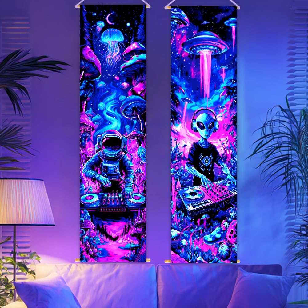 CRAFTYMELODY 2 Pack Blacklight Astronaut Tapestry Glow in the Dark DJ Music Tapestry UV Reactive Alien Wall Hanging 12.9×51 Inch with Rope Wooden Rod for Bedroom Dormitory Home Wall Decoration