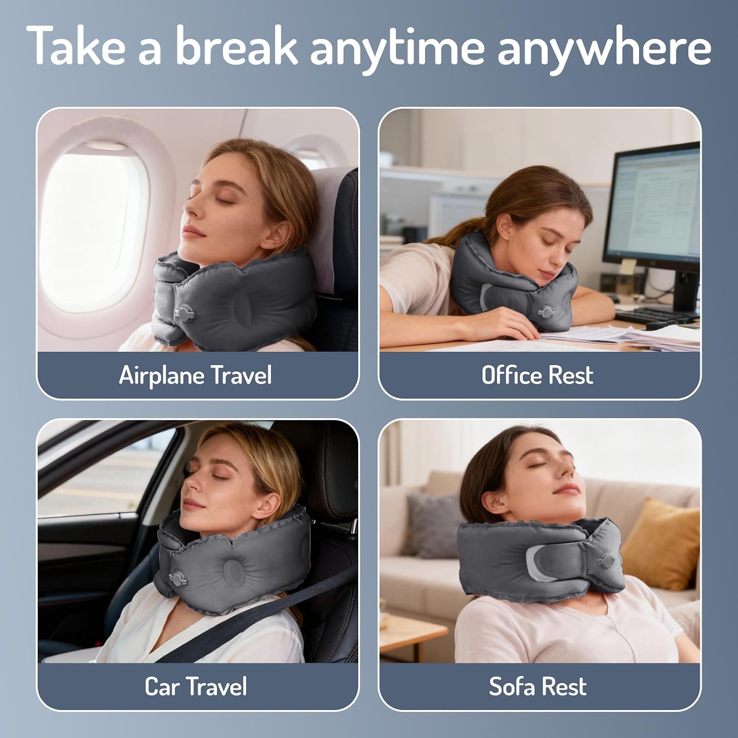 Inflatable Travel Neck Pillow, U-Shape, Dark Gray Nylon, Portable for Airplane, Train, Car, Office Use, Adult Size