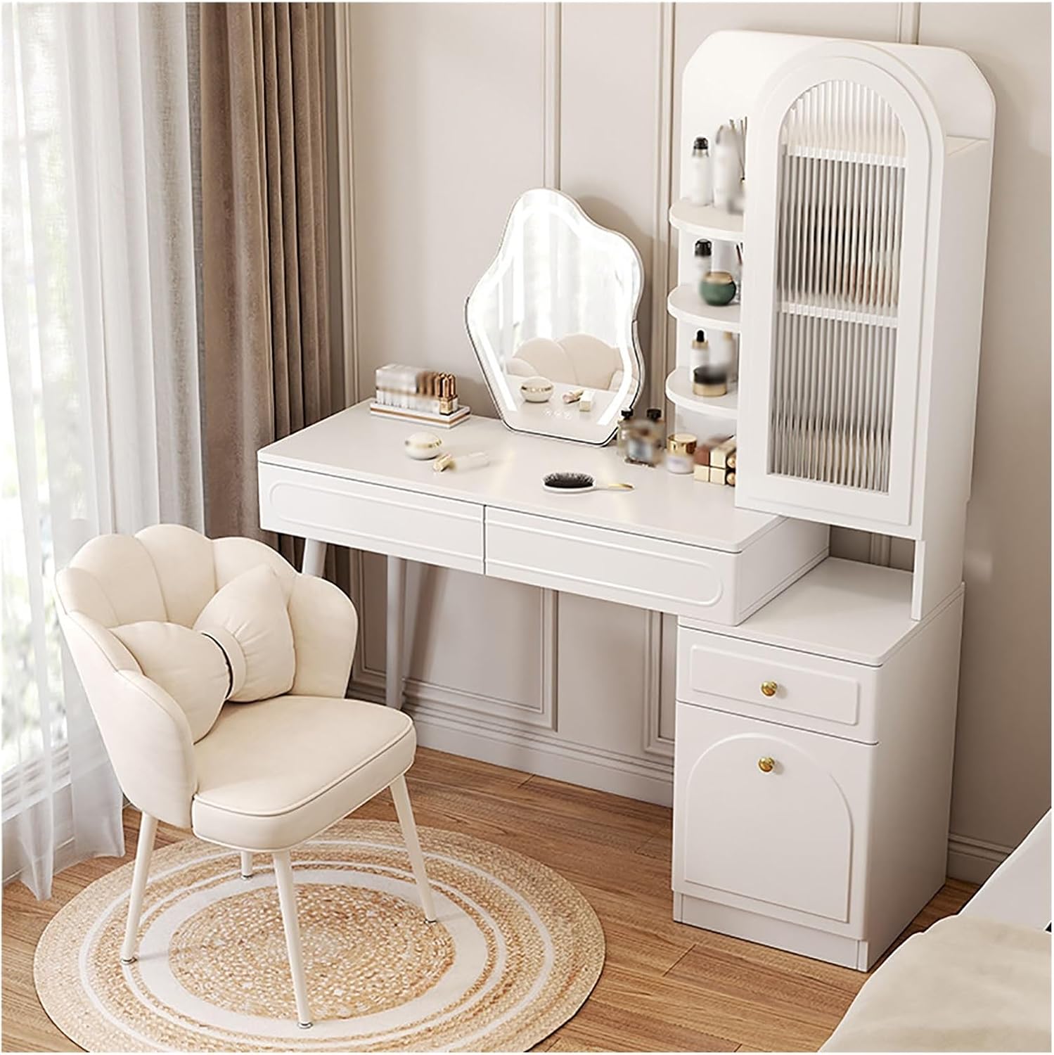 Makeup Table with Flip Top Mirror and Removable Storage Padded Seat Stool Led Smart Glass Dressing Table Chair Set,Vanity Table with Mirror and Lighting - White Makeup Desk with Drawers CABI