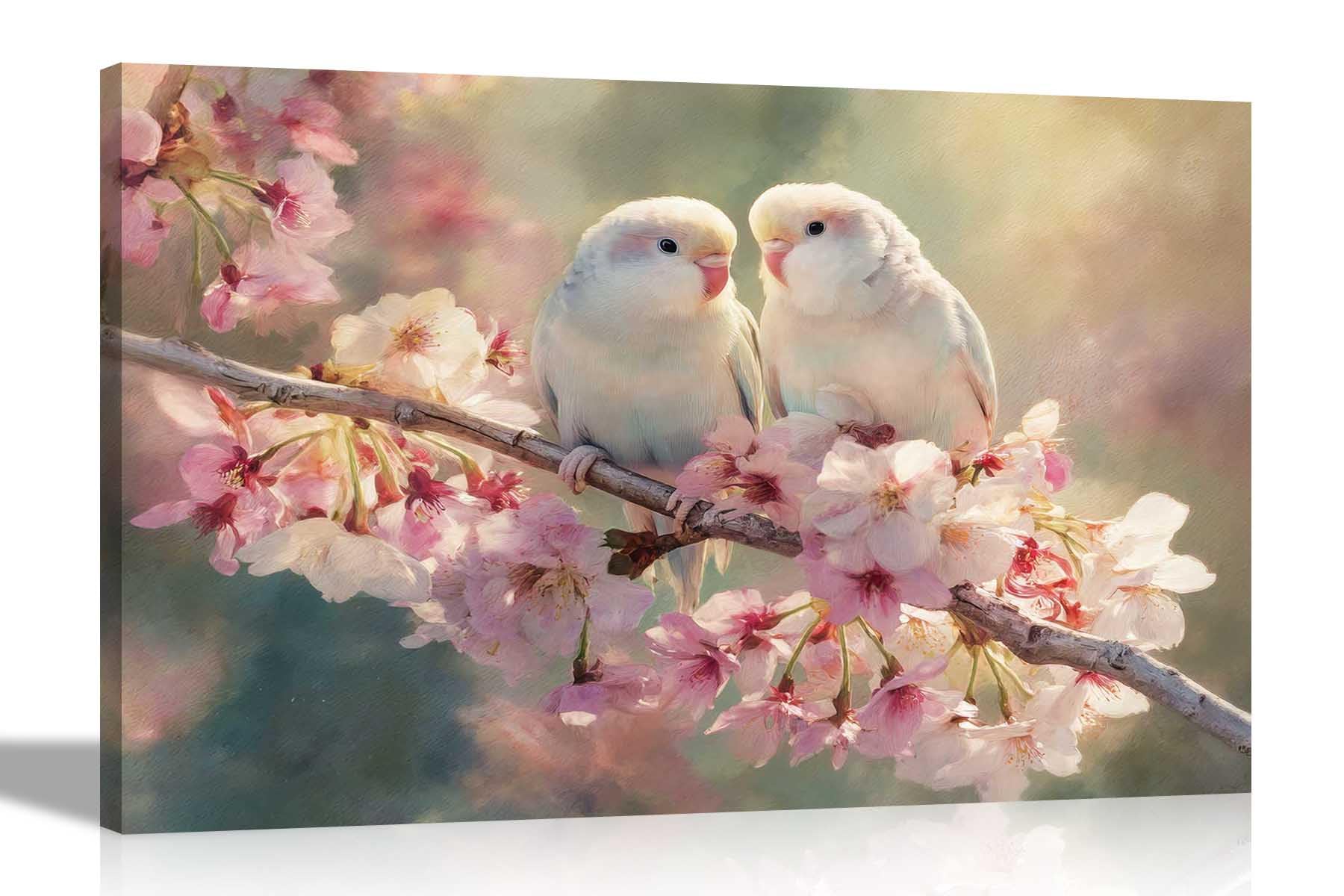 Artley Prints White Budgies Pink Flowers - White Budgies On Pink Blossom Tree Canvas Wall Art Framed Floral Pictures Contemporary Prints Décor Ready To Hang 40 X 30Cm (16 X 12 Inches) A3