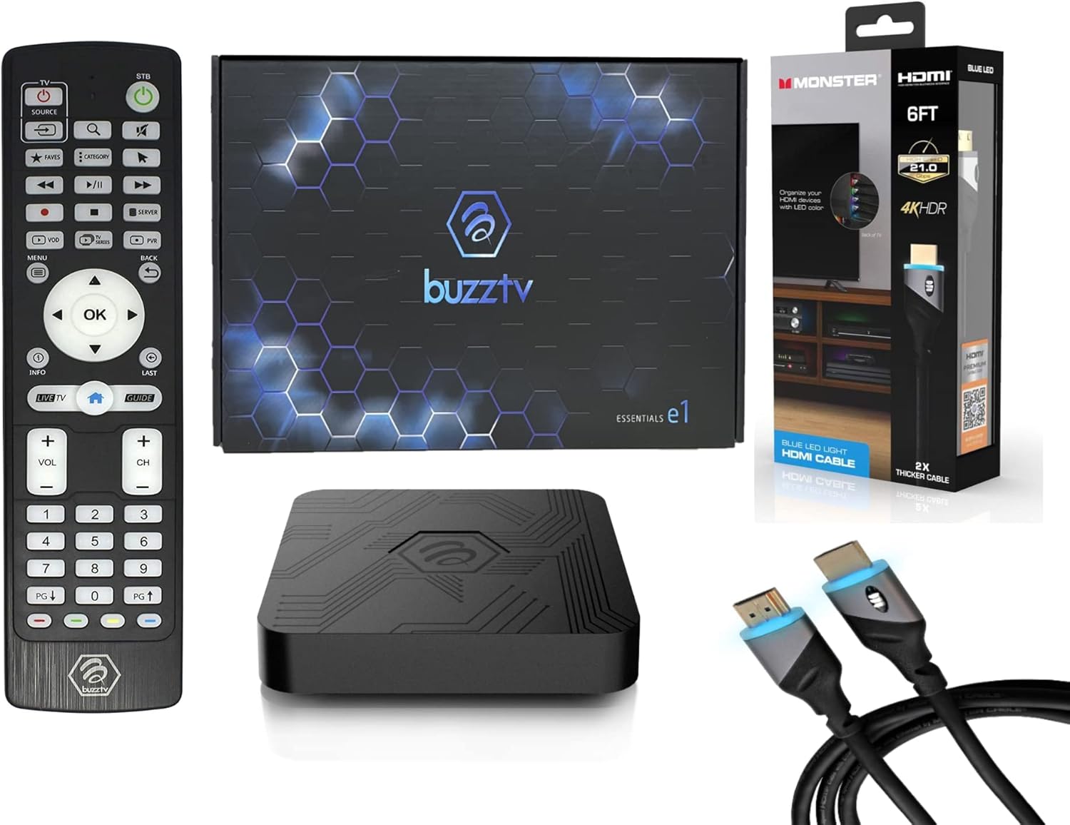 BuzzTV Essentials E1-2 GB RAM 8 GB de almacenamiento, procesador gráfico más reciente, WiFi de doble banda con cable HDMI Monster 4K HDR 1,8 m, ultra rápido y fácil de usar