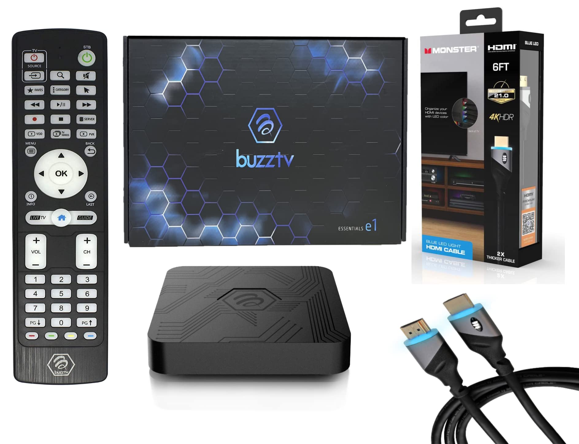 BuzzTVEssentials E1-2GB RAM 8GB Storage - Latest Graphics Processor - Dual Band WiFi with Bonus Monster HDMI Cable 4K HDR 6ft / 1.8m. Ultra Fast and Easy to use