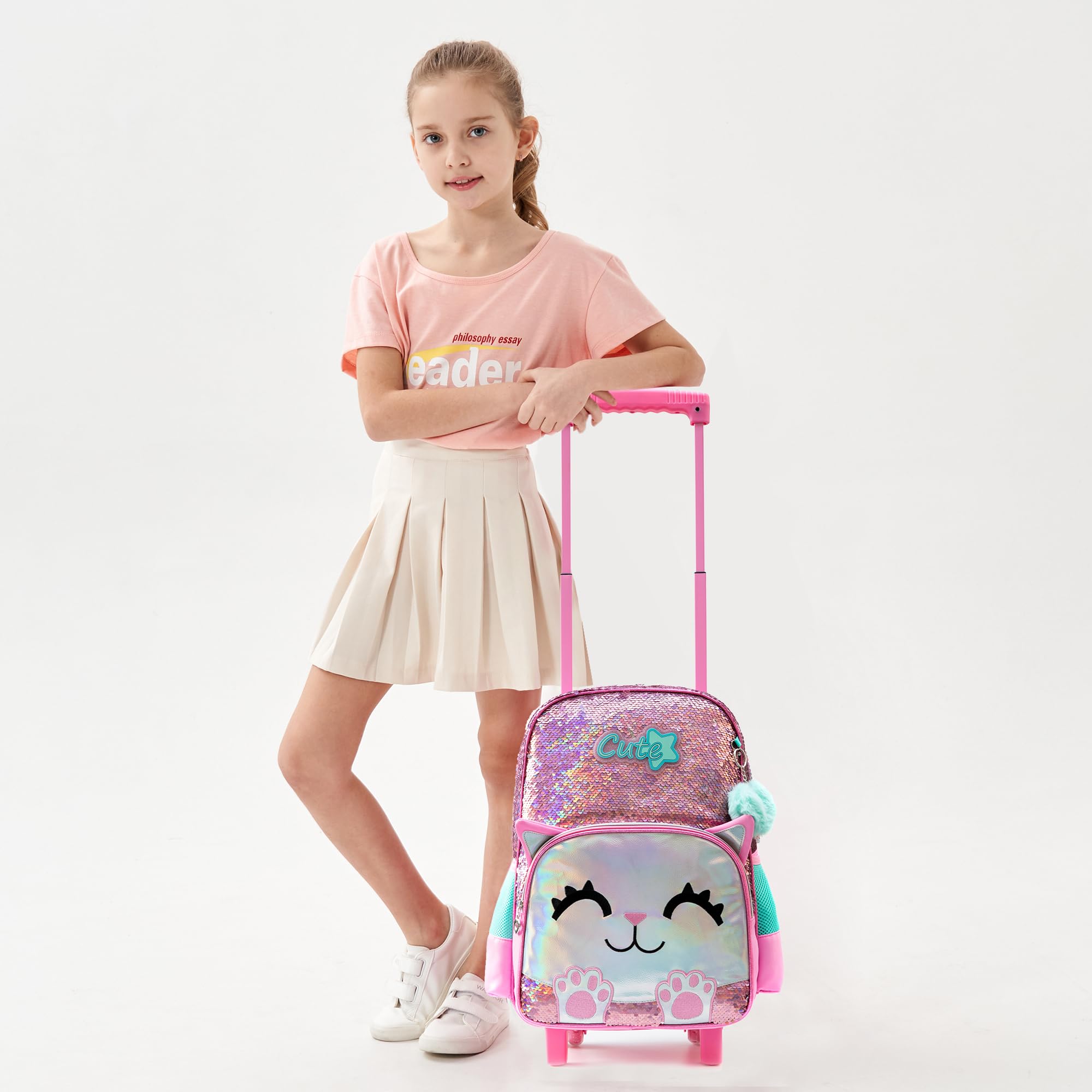 Meetbelify Zaino mobile per ragazze zaino della scuola di gatto rosa carino con le ruote bambini Sequin rullo bagagli per gli studenti della scuola elementare pranzo per ragazze