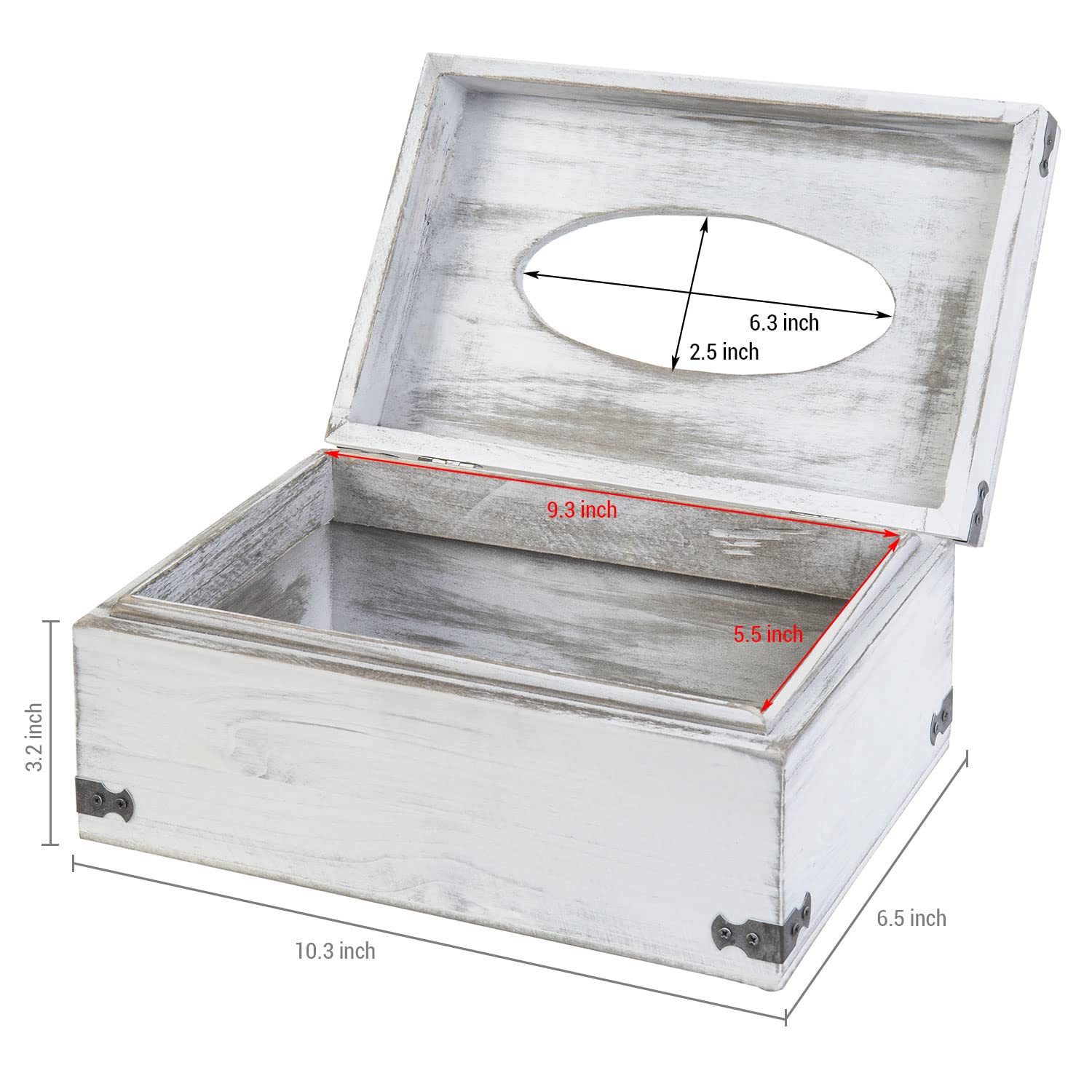 MyGift Vintage White Solid Wood Tissue Box Holder Rectangular Cover, Decorative Bathroom Facial Tissue Box Holder with Hinged Lid