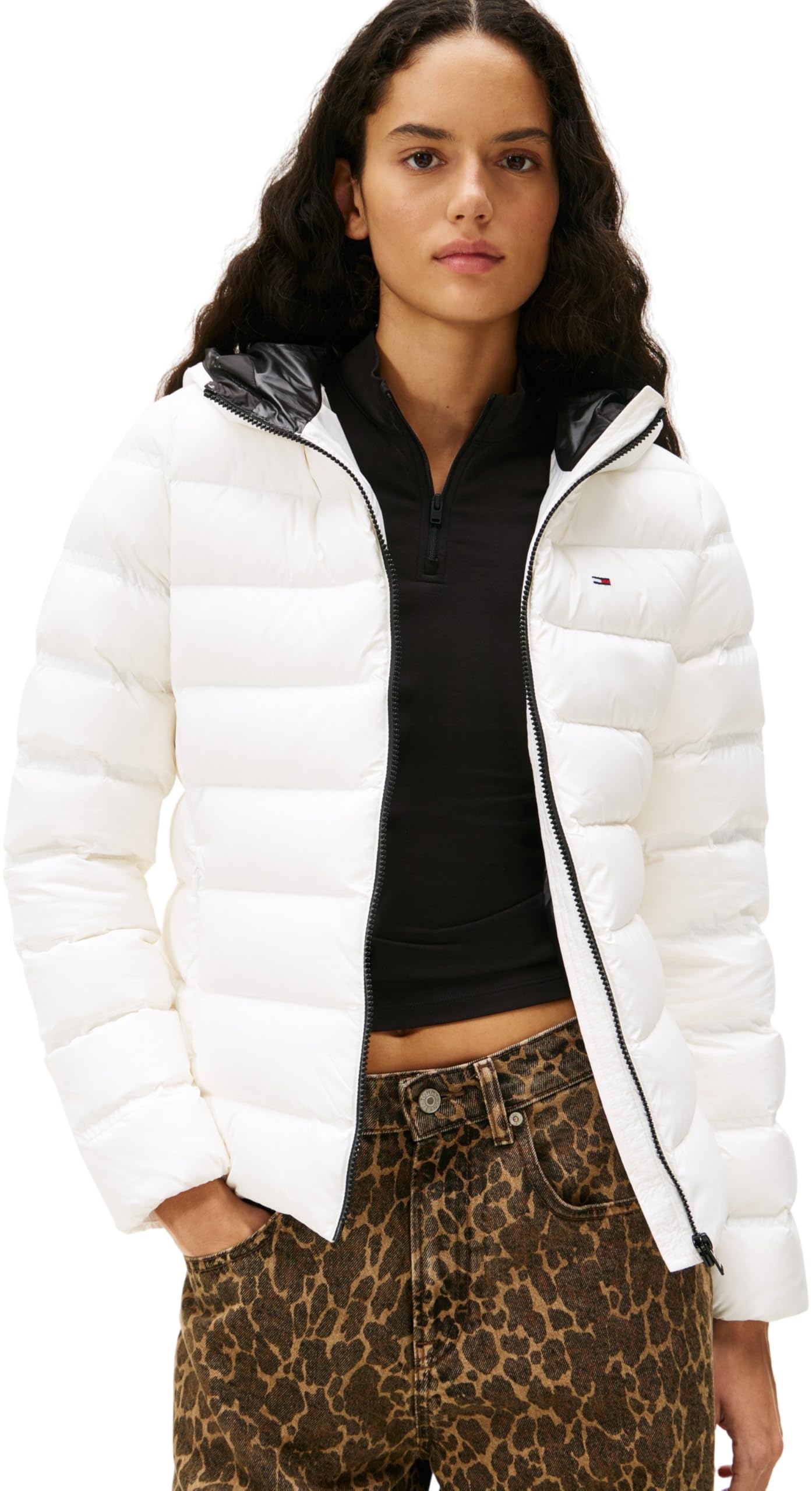 Tommy Jeans Women's White Down Jackets, L, Water Repellent Down Hooded Jacket