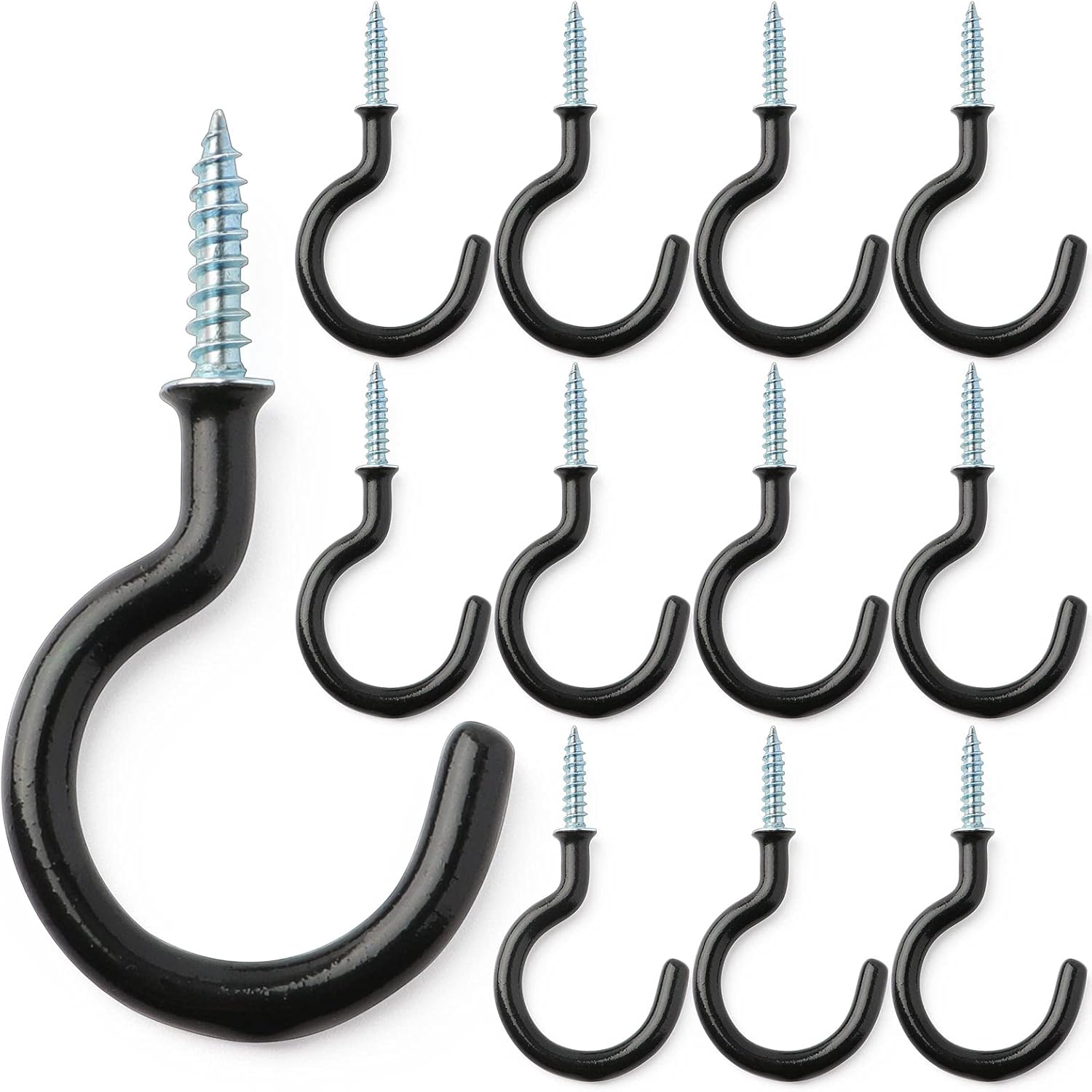 HULISEN Large Size Ceiling Hooks, 12 Pcs Heavy Duty Metal Screw Hooks, Vinyl Coated Cup Hook for Hanging Cup, Plant, Mug, Wall, Door Storage, Black