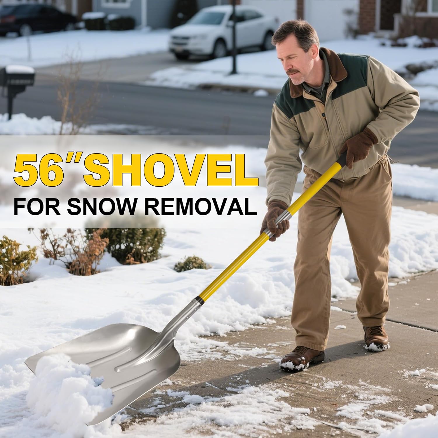 Snow Shovel for Driveway, Large Capacity Aluminum Shovel for Snow Removal with Fiberglass Handle, 56 Inches