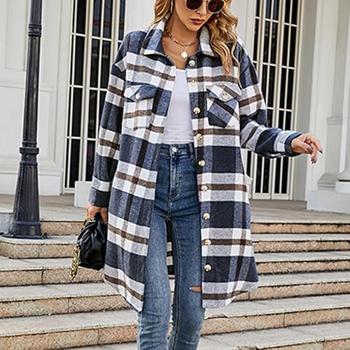 Miniatura 4 de JEGULV 2023 Plaid Shacket Jackets for Women Lightweight Casual Lapel Collar Button Down Coats Shirts Fall Winter Clothes