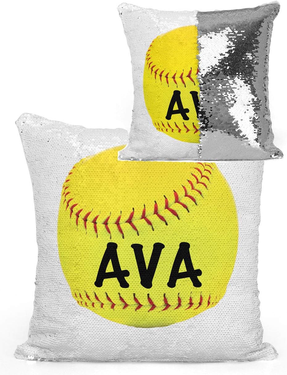 Violet Victoria & Fan Star Personalized Softball Sequin Mermaid Flip Pillow (Silver Sequins)