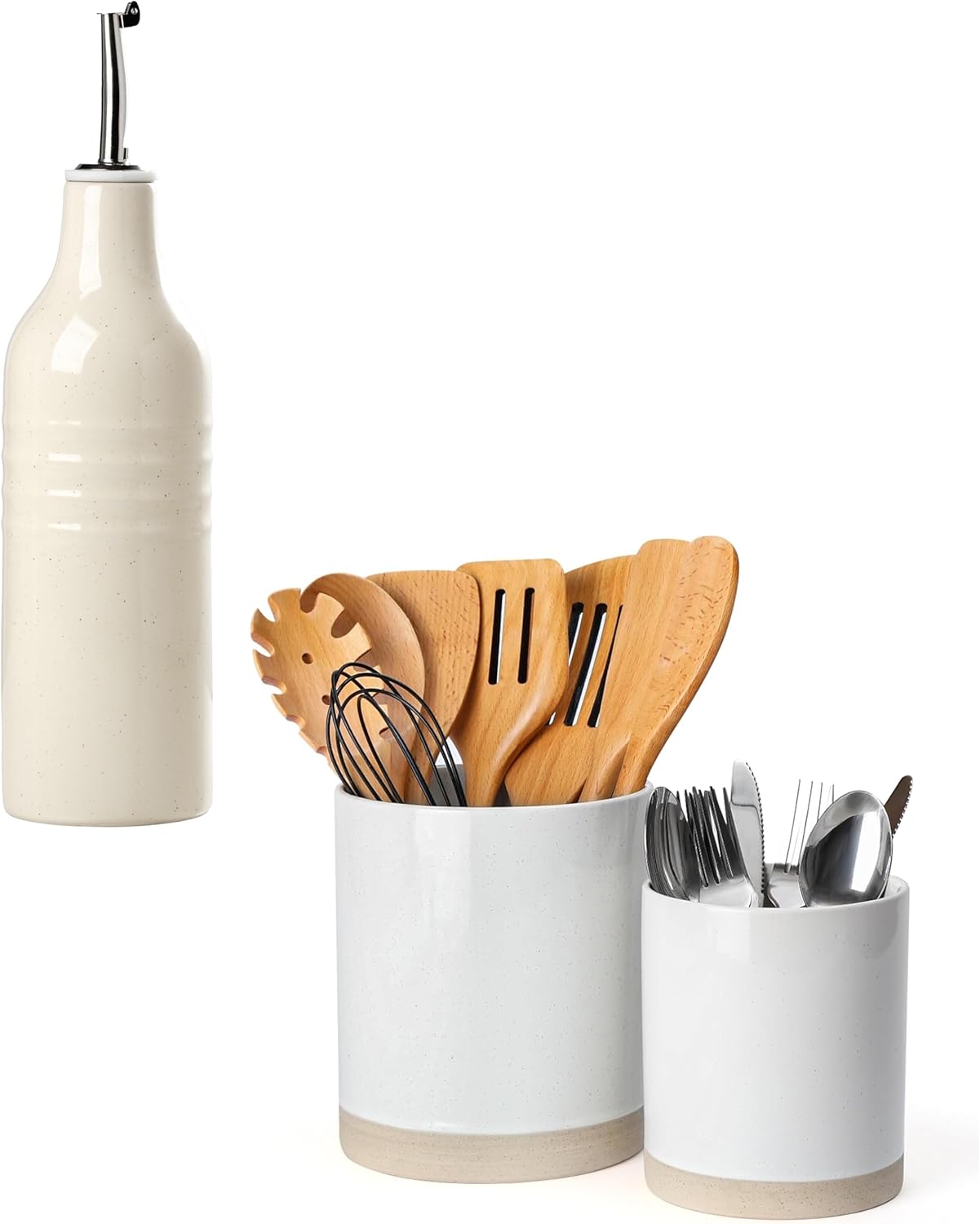 famiware Kitchen Utensil Holder for Countertop and 16oz Ceramic Olive Oil Dispenser Bottle