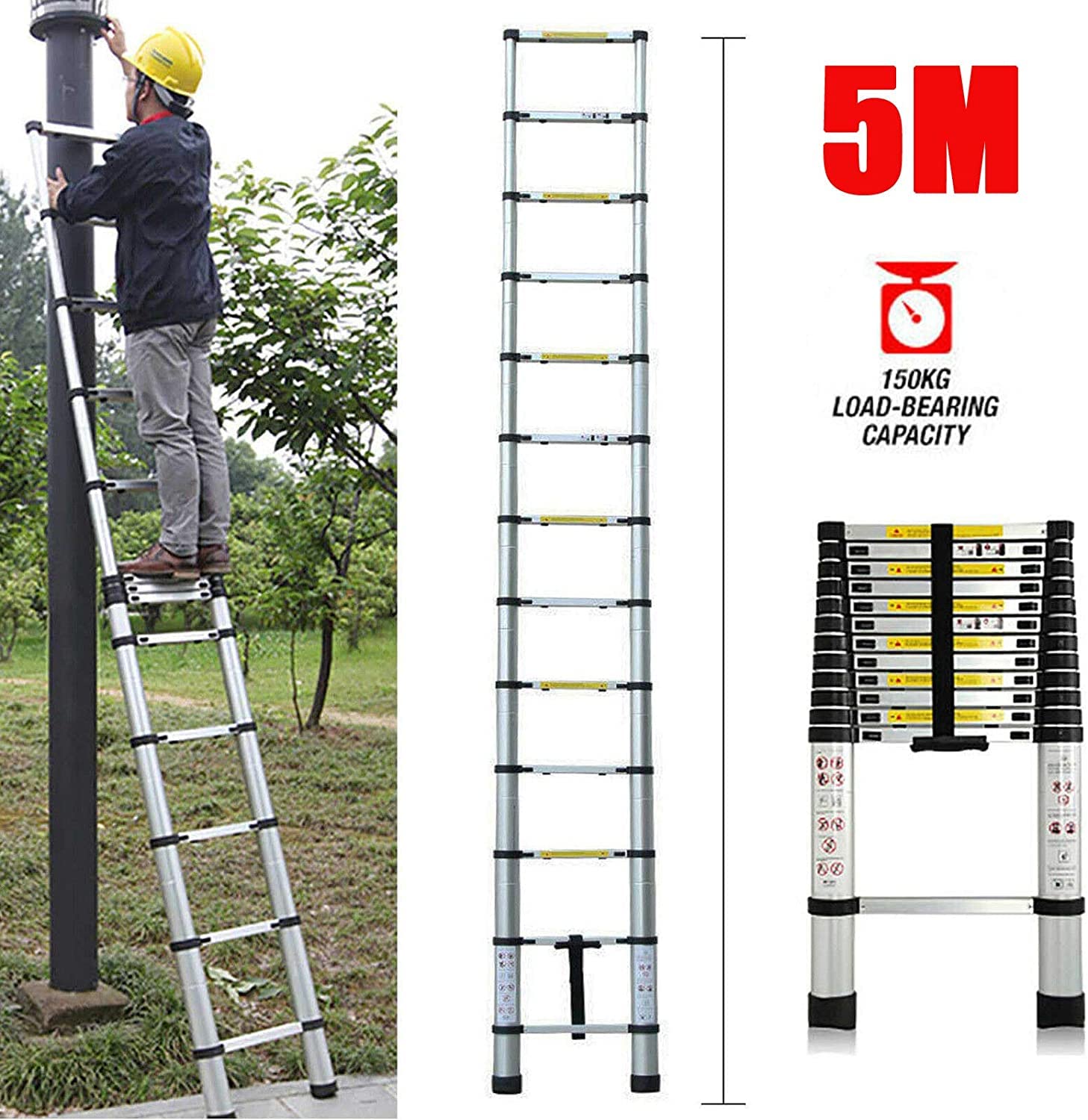 5 m aluminiowa drabina wielofunkcyjna drabina teleskopowa, wysuwana, drabina składana, antypoślizgowa, wielofunkcyjna, obciążenie 150 kg