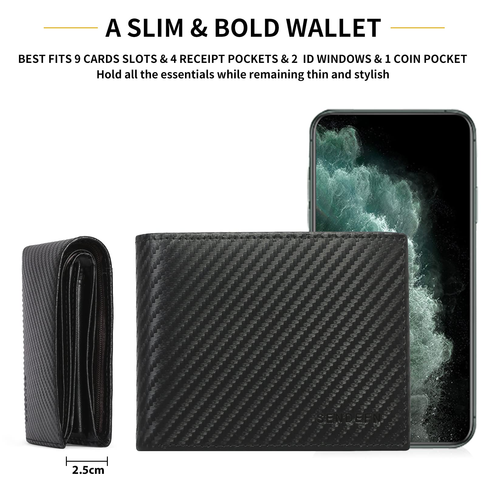 SendeFN - Cartera para Hombre, de Piel auténtica, portatarjetas con Bloqueo RFID, Almacenamiento de Monedas