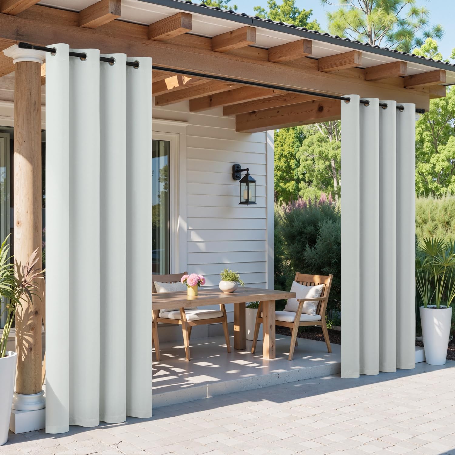 MIULEE Outdoor Vorhang 2 Stücke Outdoorvorhänge Wetterfest mit Ösen, Blickdicht Sonnenschutz Wasserdicht Outdoor Außen Gardine für Garten Terrasse Pavillon Veranda Balkon B 132 x H 245 cm Grau-Weiß