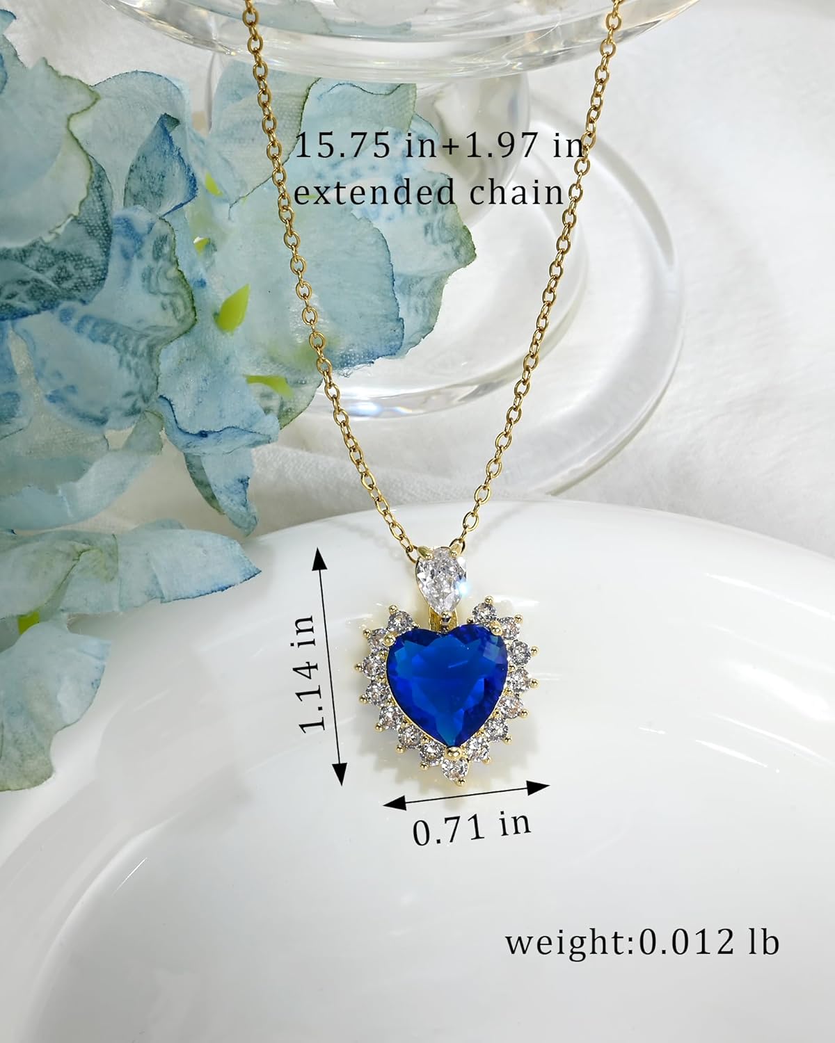 14k Gold Plated Sapphire Blue Heart of The Ocean Pendant Adjustable Chain Cubic Zirconia Birthstone Thin Necklace for Women Jewelry - Image 6