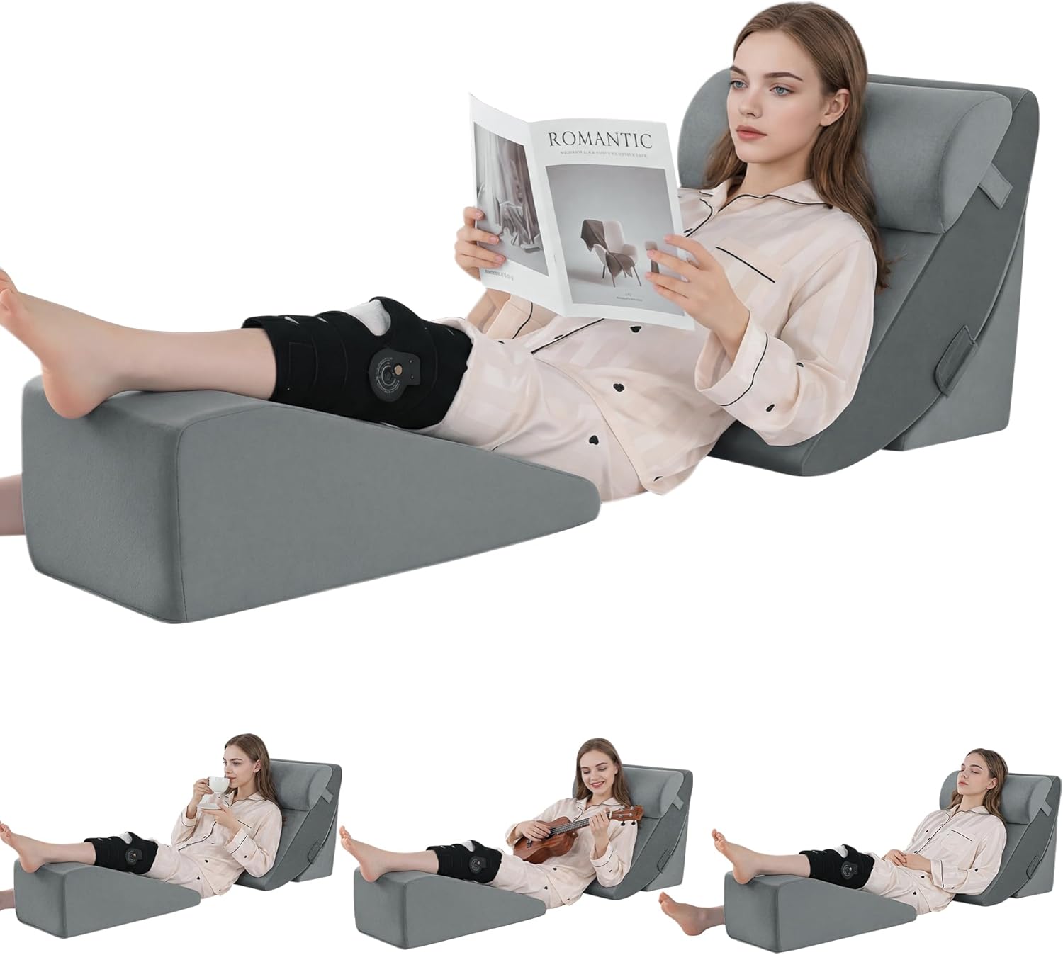 ROYALAY 4 Pcs Wedge Pillow Set for After Knee Surgery, Leg Elevation Pillow Post Surgery Knee Replacement with Reading Support for Bed, Leg Elevation & Headboard for Sleeping