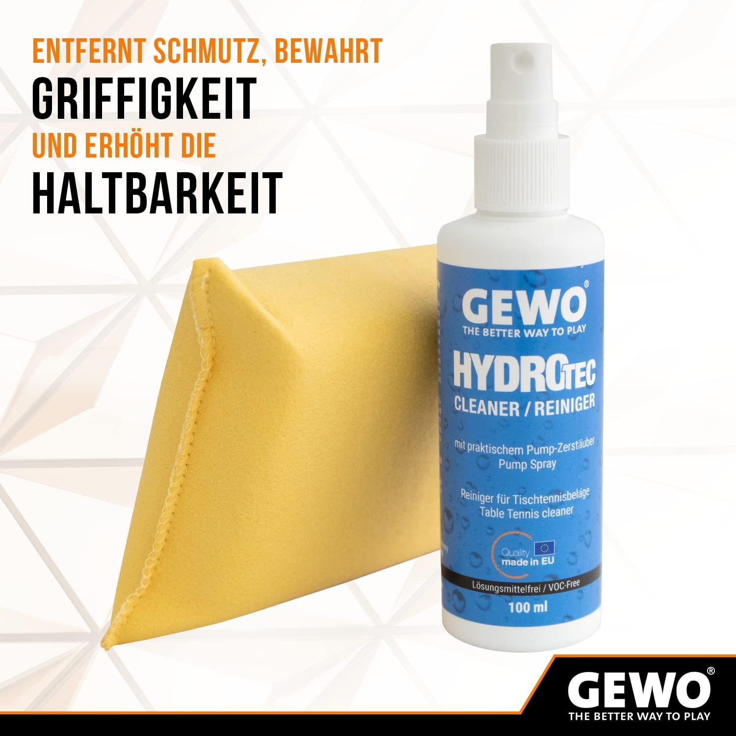 Gewo HydroTec Kit de Nettoyage pour Tennis de Table, Spray Grip avec éponge de Nettoyage absorbante, nettoyant sans solvant pour revêtements de Tennis de Table 100 ML, préserve l'adhérence des