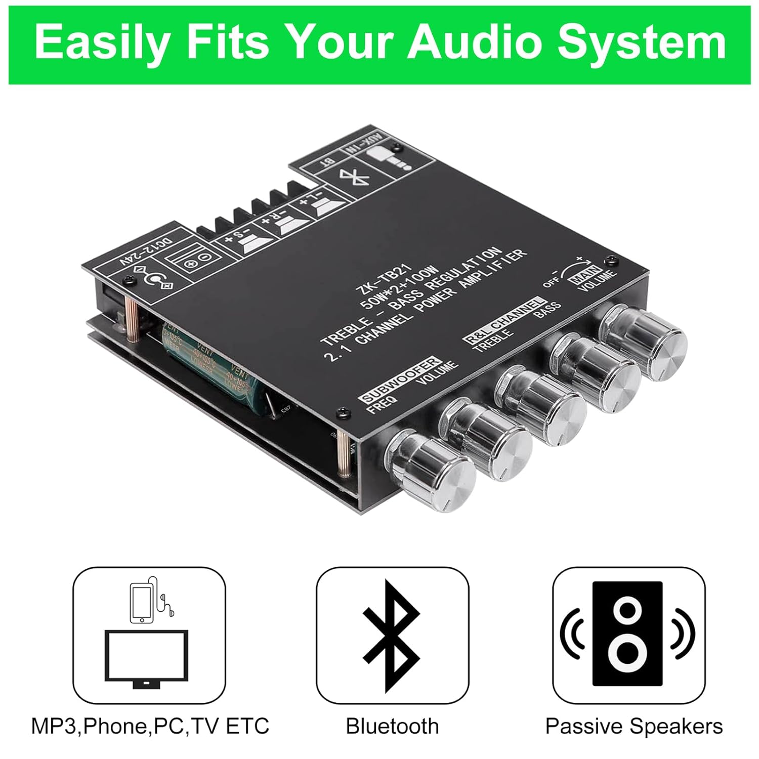 AITRIP 2PCS ZK-TB21 Bluetooth Amplifier Board,Bluetooth5.1 TPA3116 Chip with Subwoofer 2.1 Channel 50W×2+100W, DC 12-24V Bluetooth and AUX Inputs,Stereo Digital AMP for DIY Home Speakers