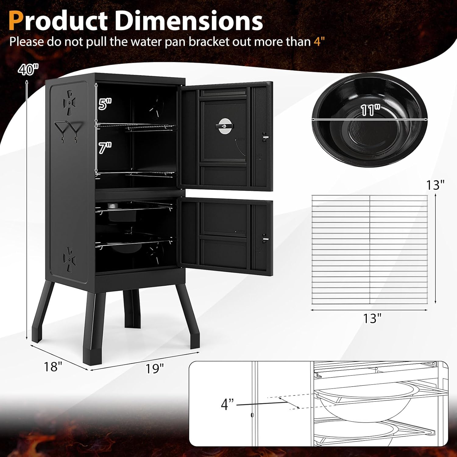 Product dimensions diagram with a specific note about the water pan bracket limit.
