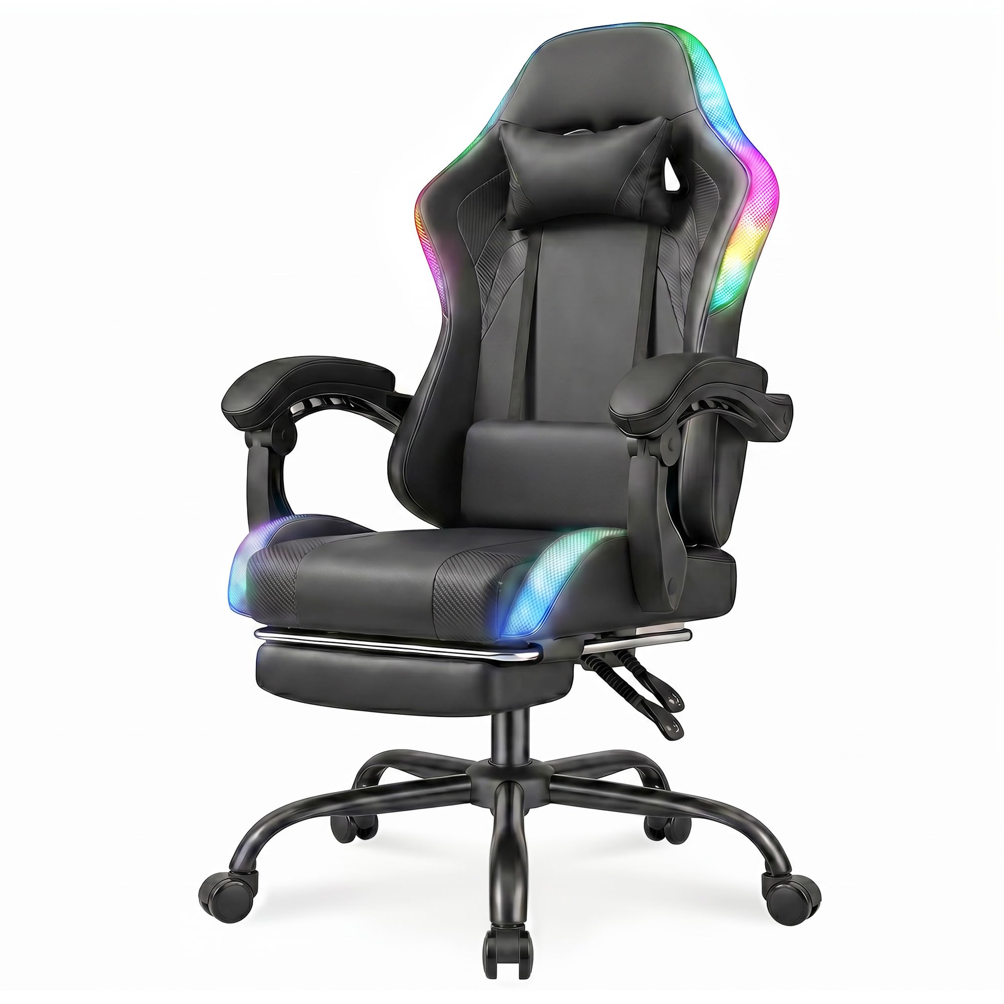 Devoko Chaise Gaming Ergonomique avec LED RGB, Massage Lombaire & Repose-Pieds – Fauteuil Gamer avec Appui-tête réglable – Dossier inclinable & Hauteur Ajustable – 180 kg,Noir