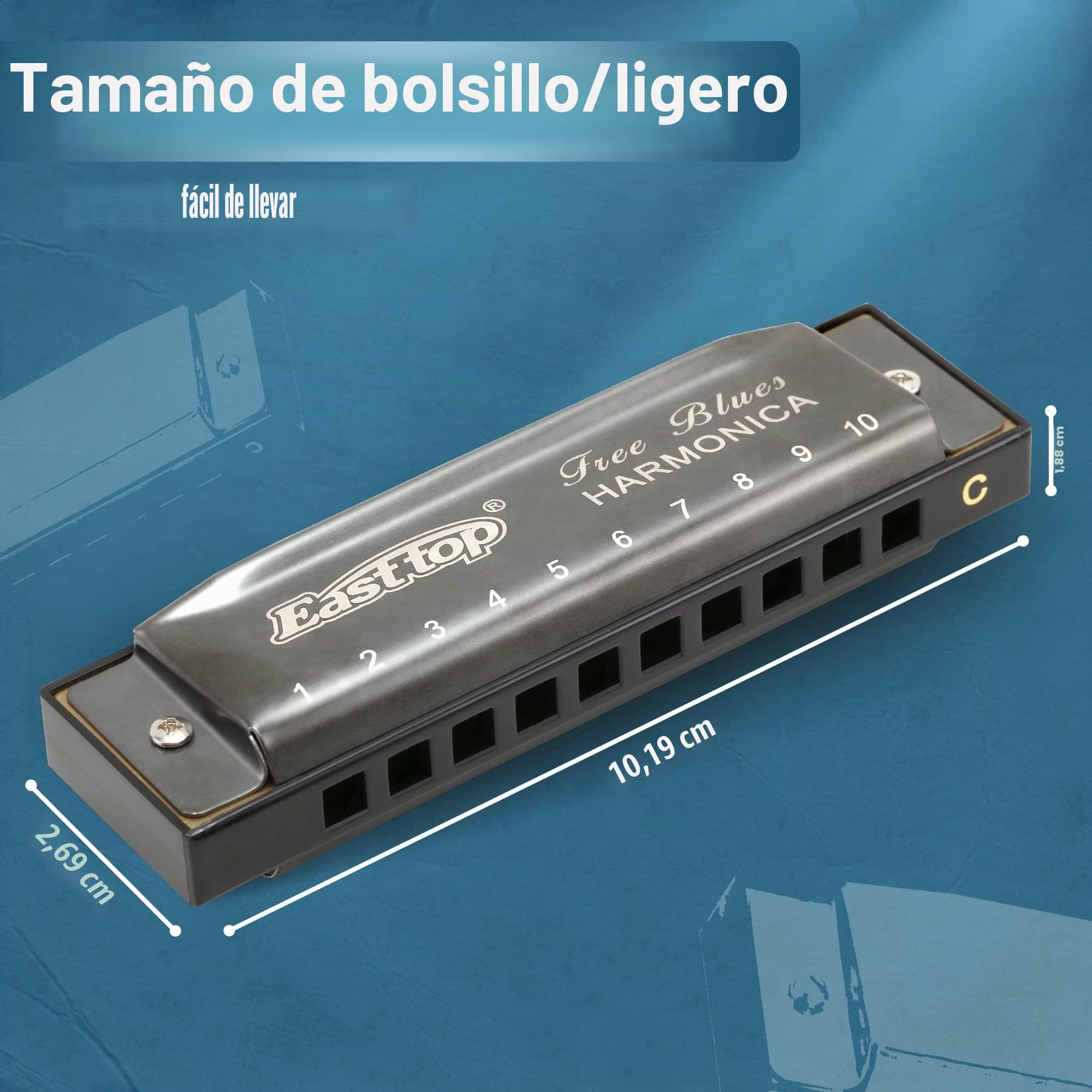 East top Armónica de Blues Diatónico Llave de C, 10 Agujeros 20 Tonos Blues Arp Mouth Organ Armónica para Adultos, Principiantes, Profesionales y Estudiantes (Gris Plata)