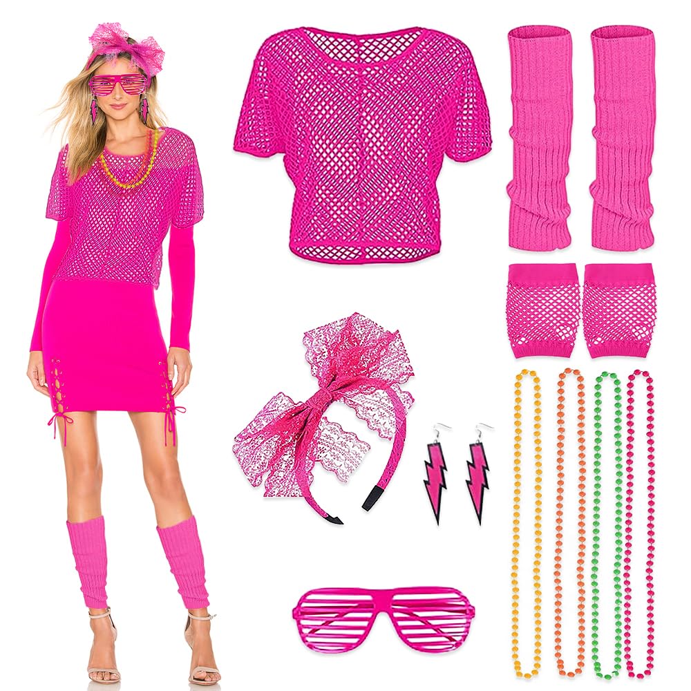mizikuu 80er Jahre Outfit Damen, Kleidung Damen Set Kostüm Accessoires Neon Off Shoulder Netzshirt Brille bunte Halskette 80s 90er Jahre Thema Retro Neon Party Outfit für Karneval Party