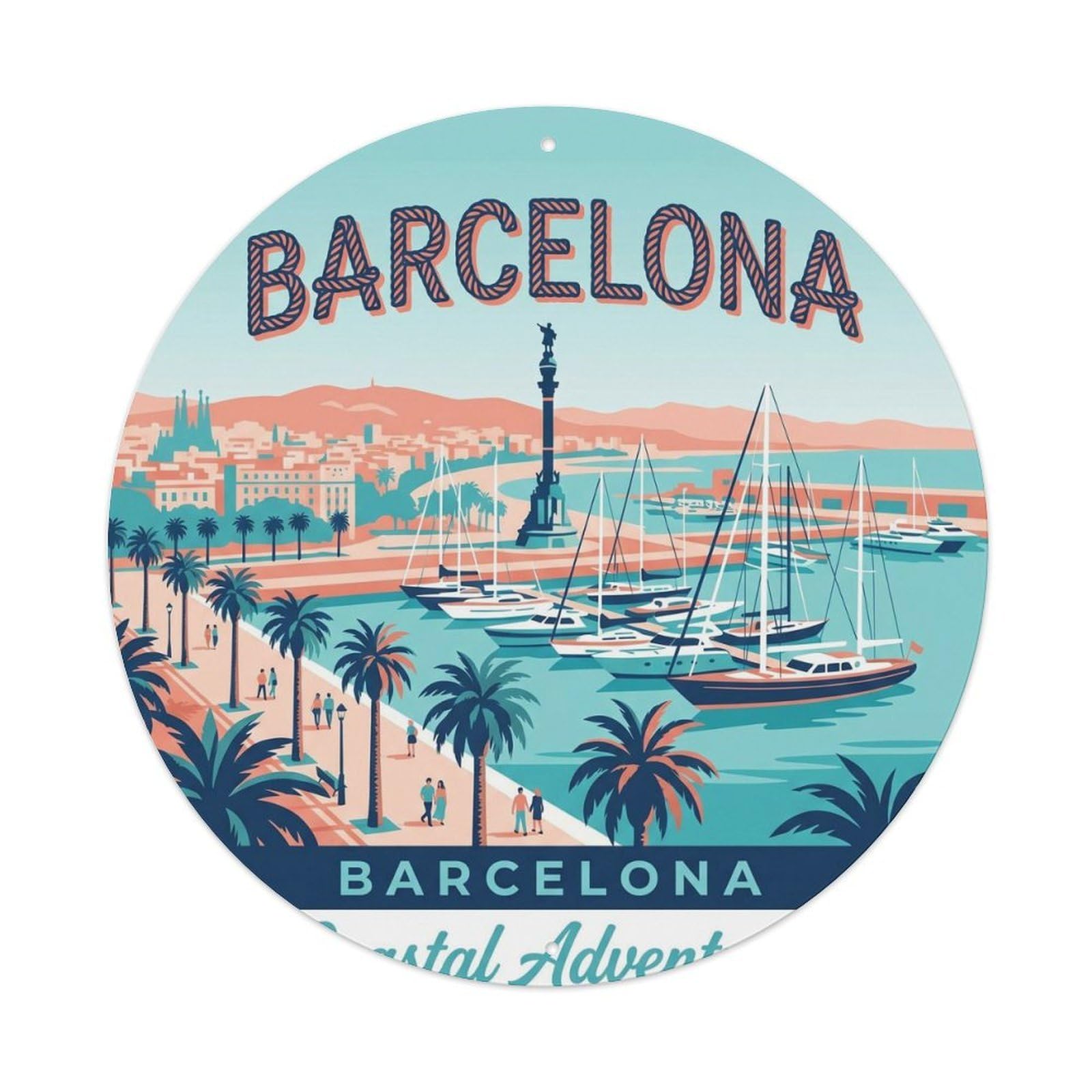 Barcelona Coastal Waterfront Mediterranean Vintage Travel Metal Tin Sign Plaque Wall Decor for Cafe, Man Cave, Club Bar, Office, Home Garden Round Metal Poster 8x8Inch