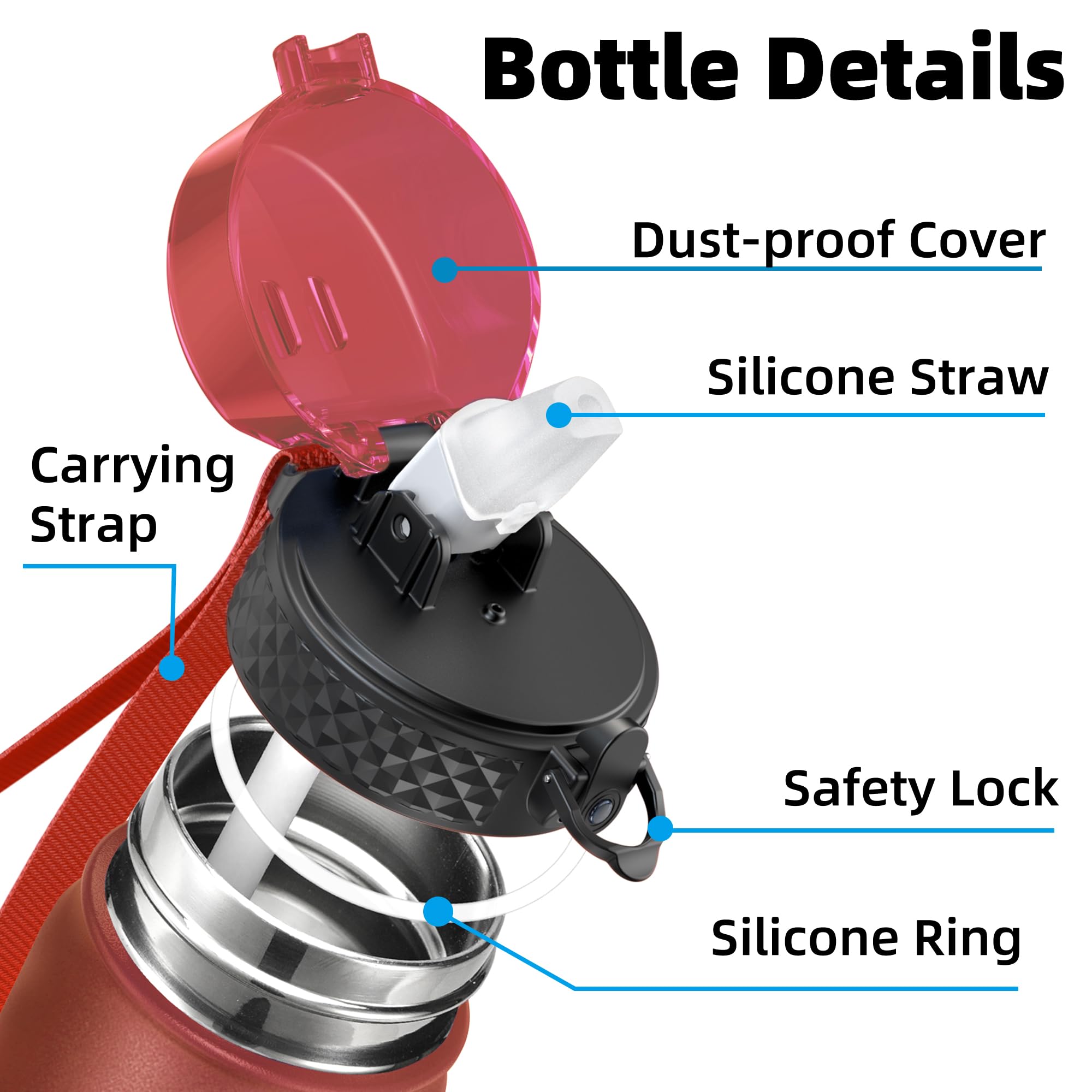 OLDLEY Stainless Steel Water Bottle with Straw 1L Vaccum Insulated Large Drink Flask Metal Water Bottles 1 Litre Leakproof Keep Drinks Hot Cold for Sports Gym Travel Adult Women Men(Red Black - Image 2