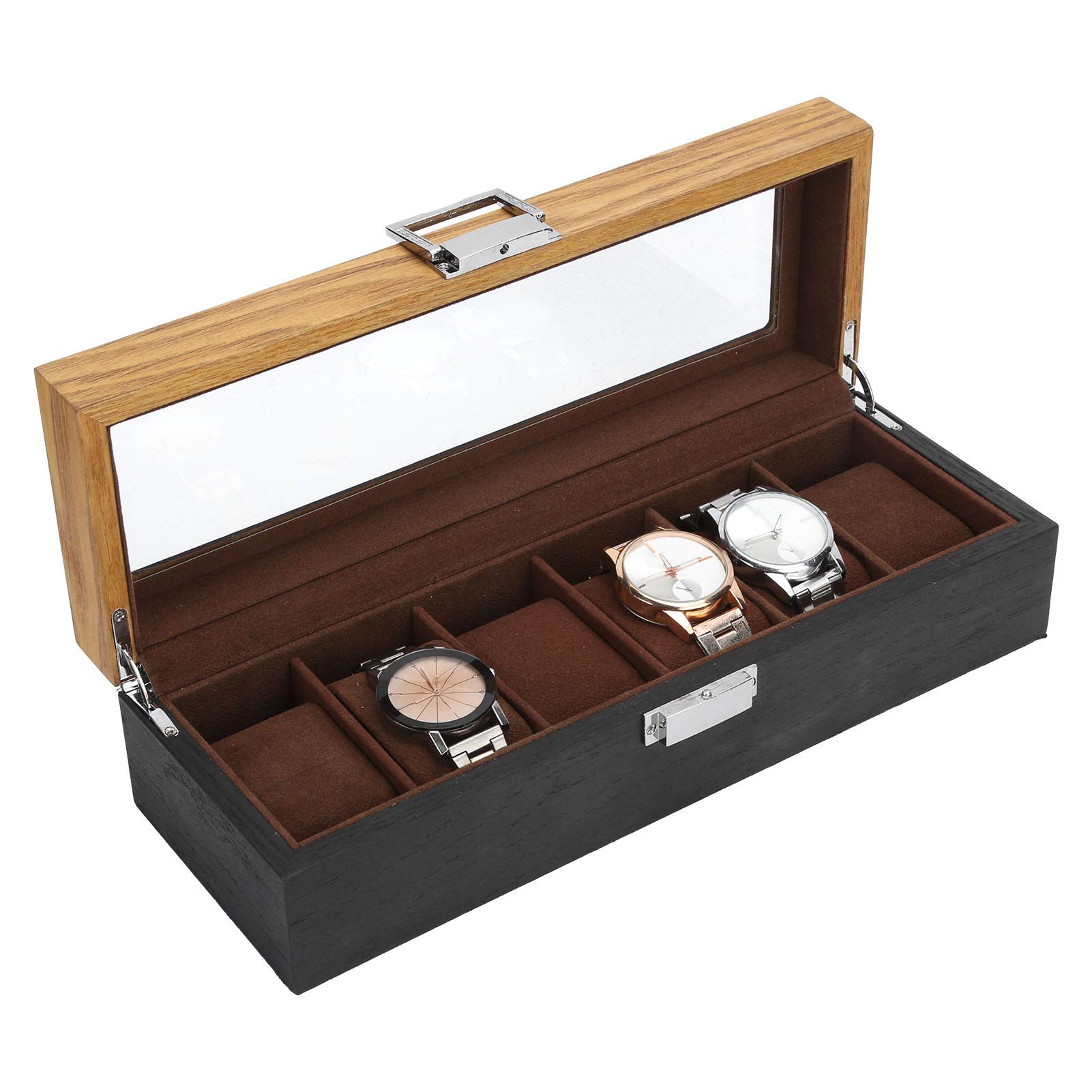Caja para Relojes, Organizador de Relojes de Madera Maciza con 6 Ranuras, Vitrina, Caja de Almacenamiento para Relojes con Tapa de Vidrio para Hombres y Mujeres, Soporte para