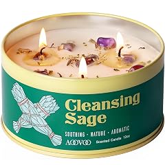 AOOVOO Sage Candle for Cleansing - 3 Wick 12oz Large Scented Candle with Crystals Sage Leaves Inside Soy