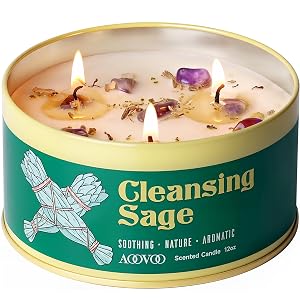 AOOVOO Sage Candle for Cleansing - 3 Wick 12oz Large Scented Candle with Crystals Sage Leaves Inside Soy
