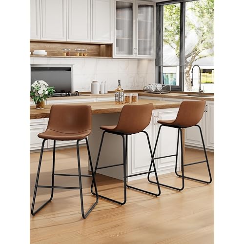 Bar Stools Set of 3, Faux Leather Counter Height Stools, 26" Modern Barstools with Metal Legs and Footrest, Urban Armless Counter Chairs with Back for Kitchen Island (Dark Brown)