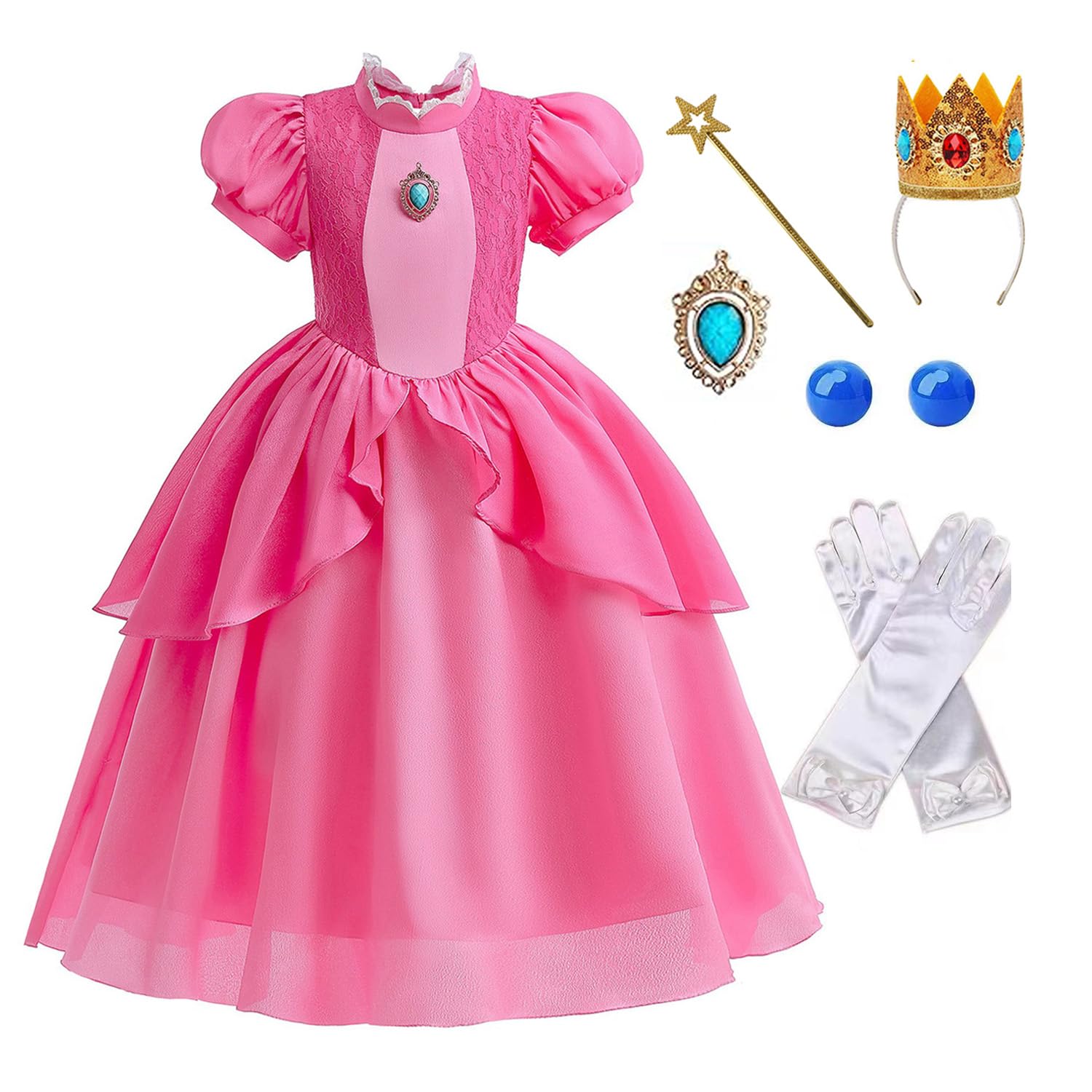 BUNAOWA Princess Peach Costume for Girls,Super Brothers Princess Peach Dress for Kids Cosplay Halloween Party Dress Up (5-6Years)