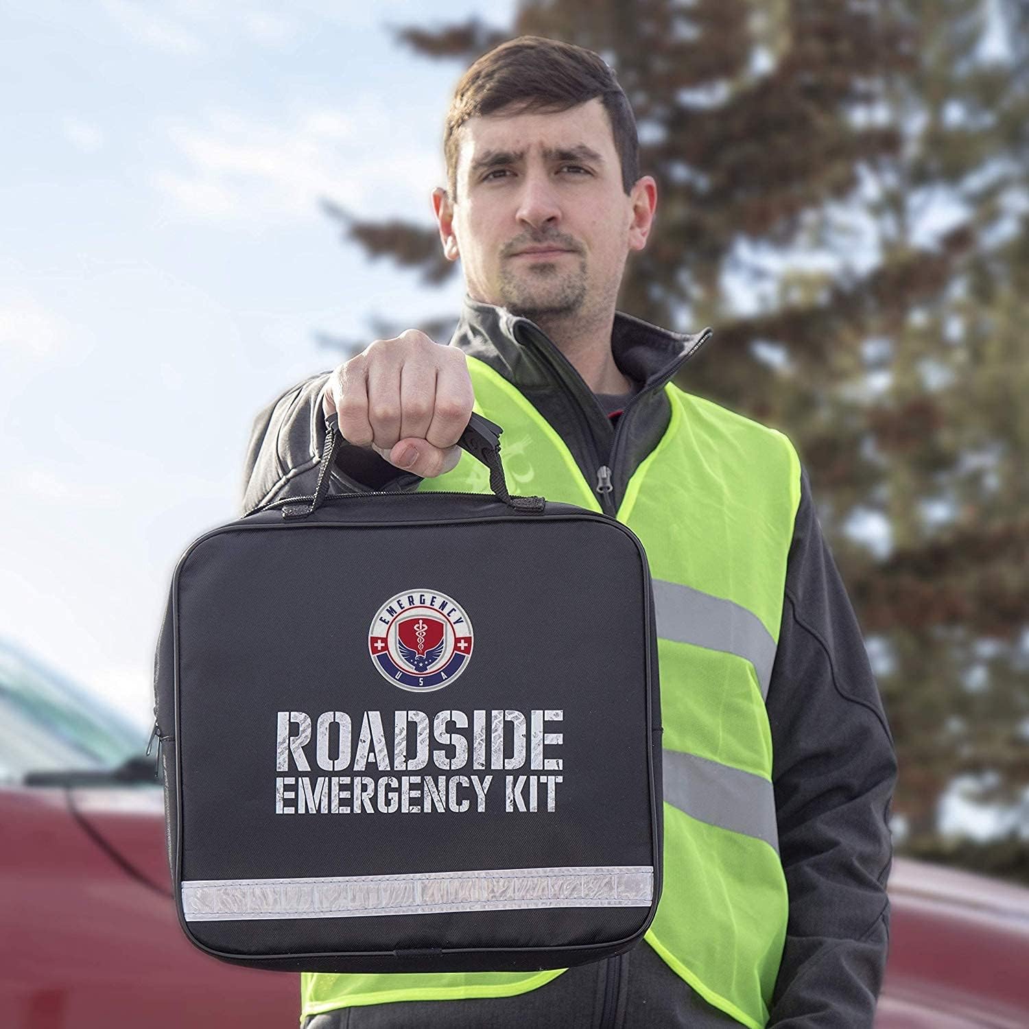 Roadside Assistance Emergency Car Kit + Road Flares 3 Pack - Includes First Aid Kit, Jumper Cables, LED Flash Light, Rain Coat, Glow Stick, Safety Vest & More : Automotive