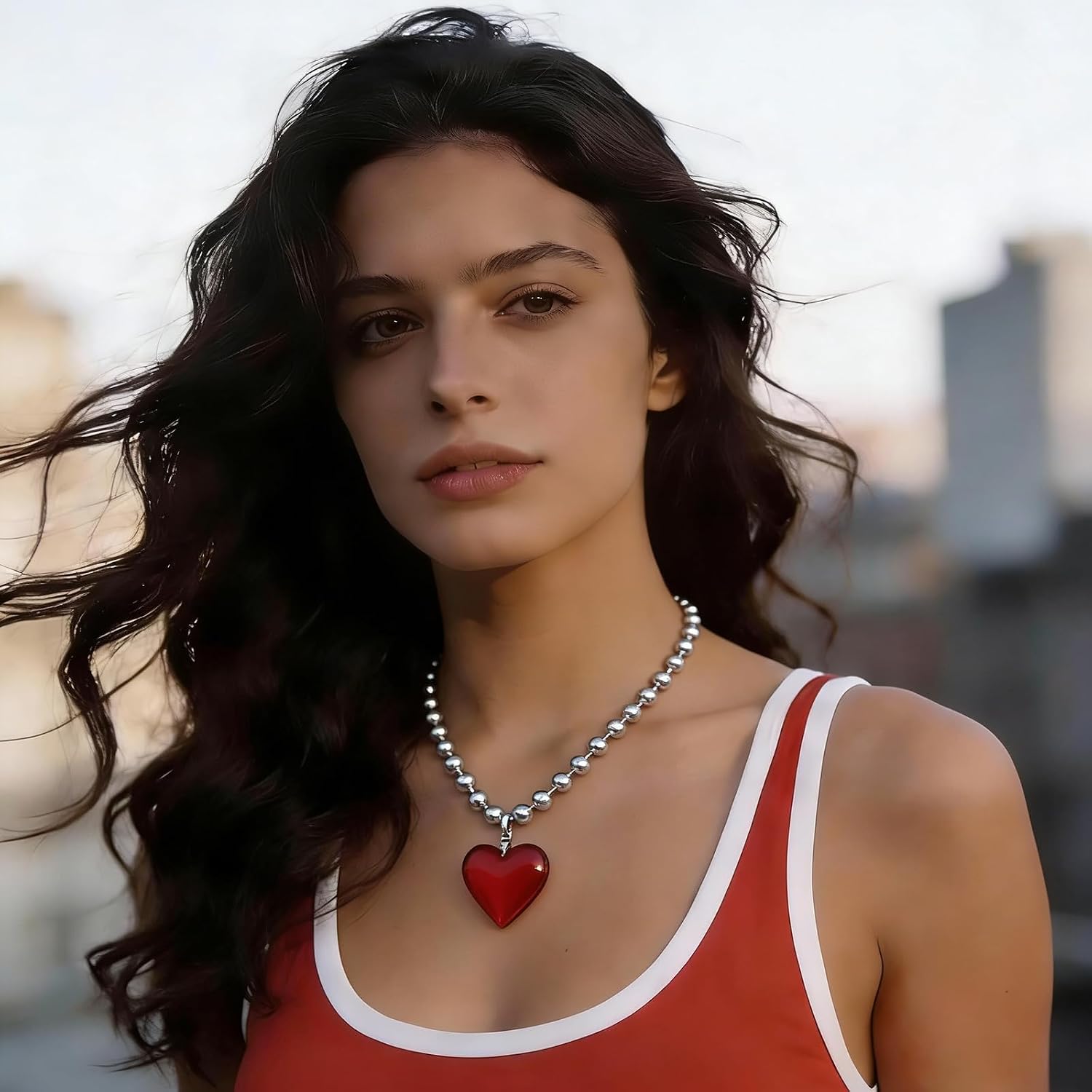 PATIKIL Glass Heart Shape Pendant Necklace, Alloy Chain Love Heart Pendant Charms Necklace