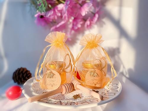 Miniatura 4 de IIKUM Paquete de 20 mini tarros hexagonales de vidrio de miel de 15 onzas con moños de madera tapas doradas colgantes de abeja bolsas de regalo