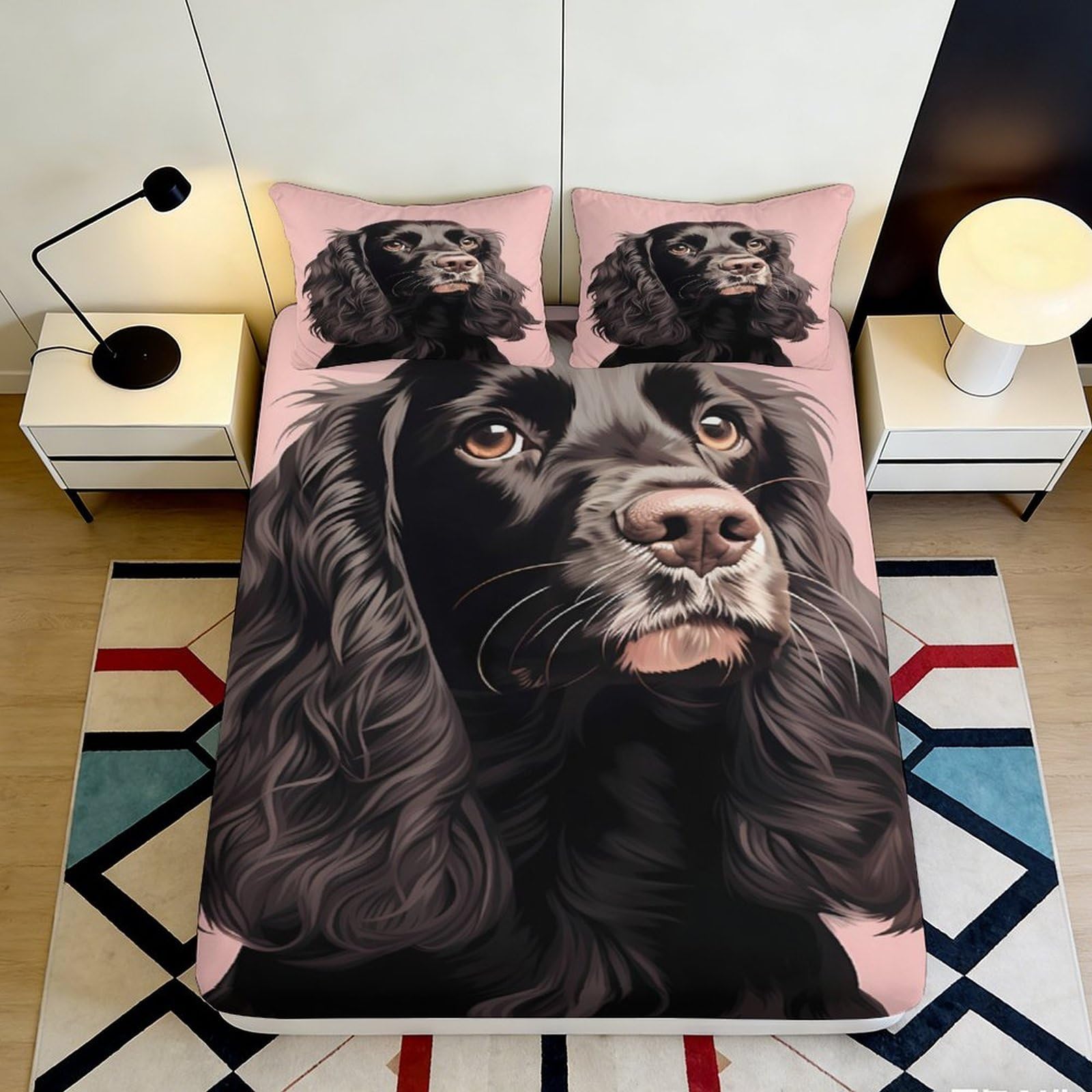 3D Printed Black Dog Portrait Fitted Sheet Microfiber Pink Bed Cover for Bedroom Guest Room Mattress Protection 140x200x25cm