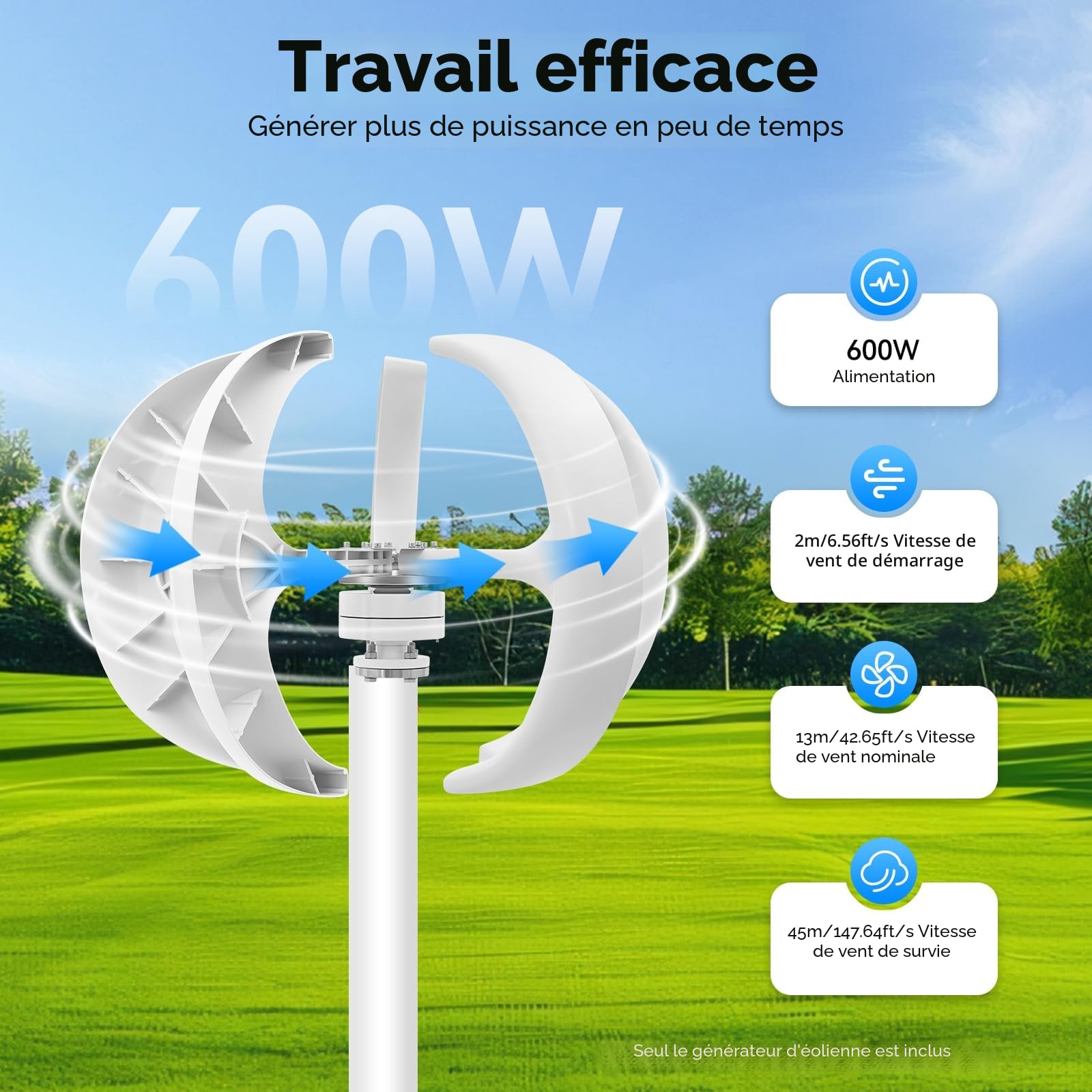 Éolienne 600 W - Lanterne domestique - Générateur de 24 V - Kit éolienne - 5 lames - Éolienne verticale - Pour bateaux, pavillons, cabanes ou maisons mobiles