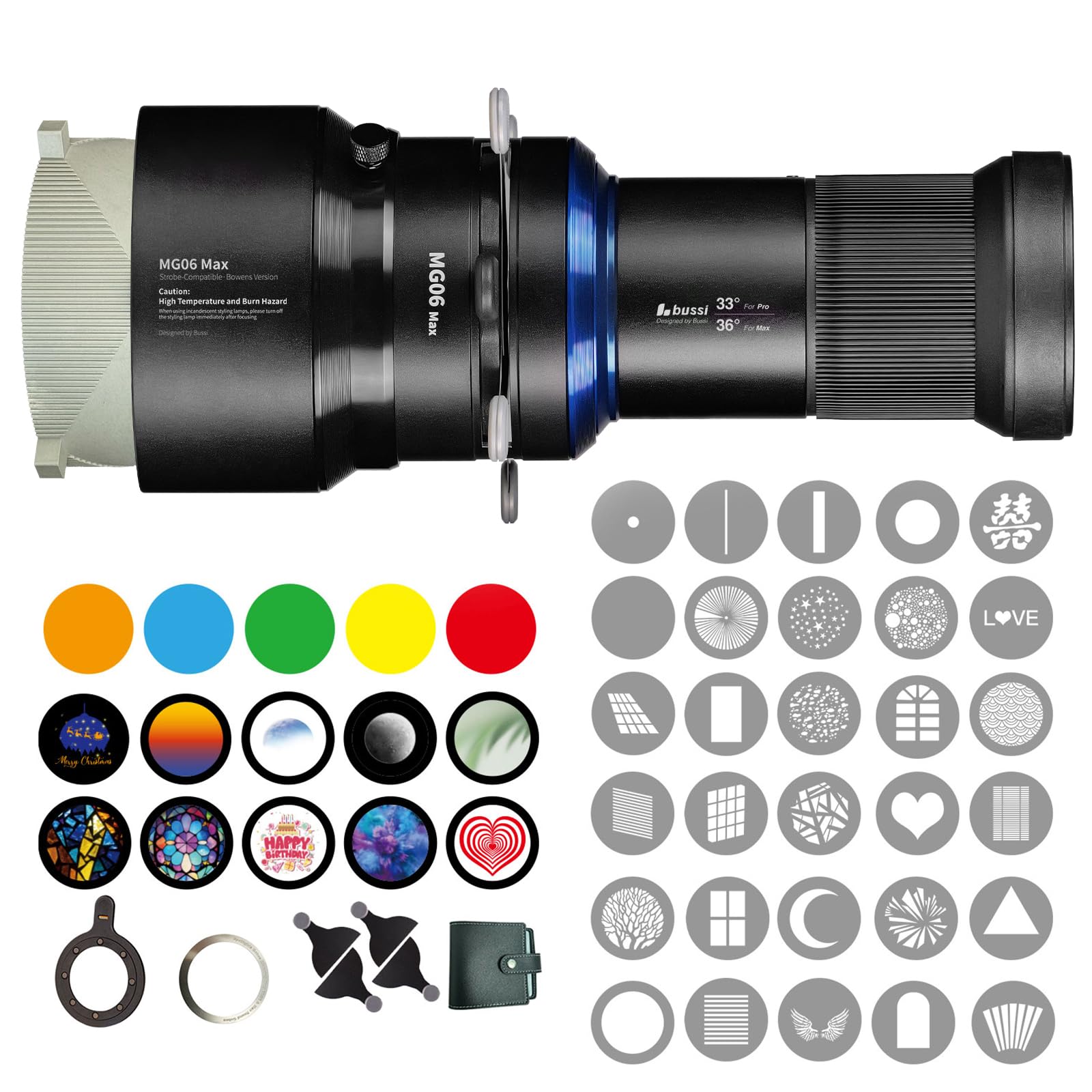 Bussi MG06 Max Bowens Mount Snoot mit 40 Gobos, 36° Objektiv, optischer Snoot Spotlight für Fotografie, Video, Formlichtstudio, GOBO-Licht, Stroboskop-Bowens-Halterung