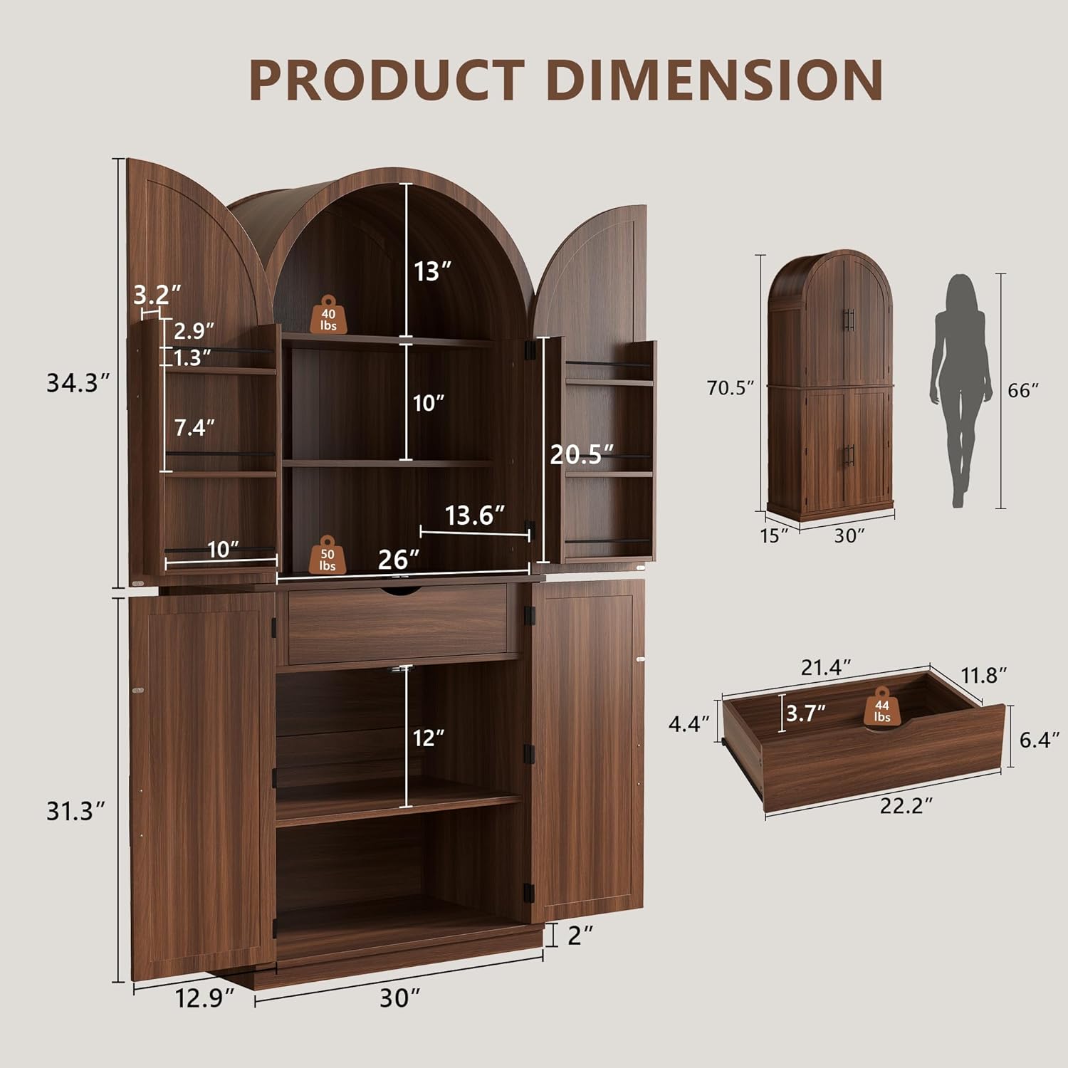 iPormis 71" Arched Cabinet with Doors, Tall Farmhouse Kitchen Pantry with 6-Tier Door Shelves & Drawer & Adjustable Shelves, Modern Wood Storage Cabinet for Dining, Living Room, Bathroom, Walnut