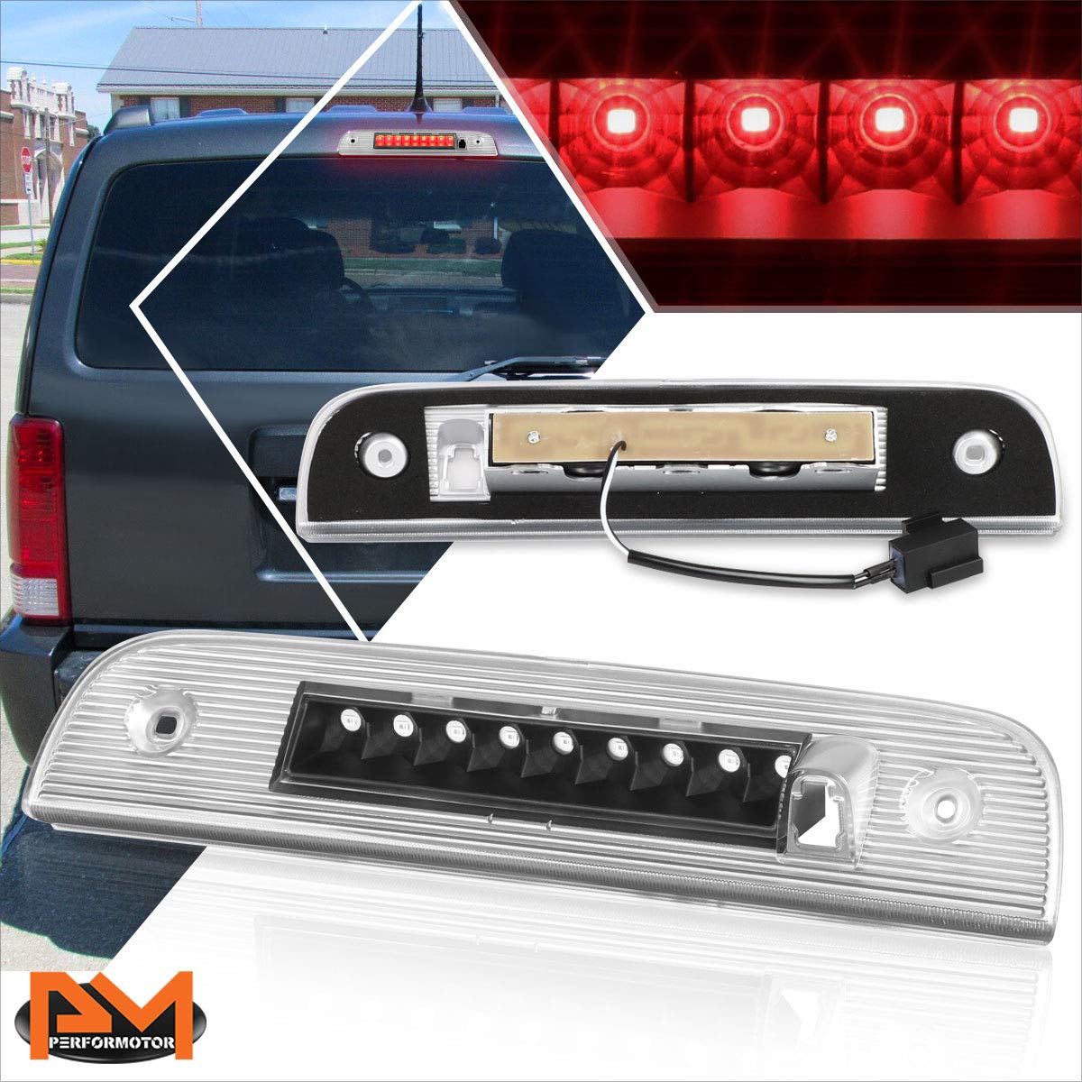 PM PERFORMOTOR Full LED 3rd Third Brake Light High Mount Stop Light Compatible with Dodge Nitro 07-12,Black Housing/Clear Lens